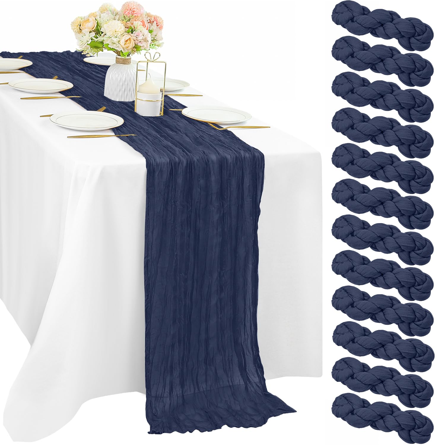 12 Pieces Navy Blue Cheesecloth Table Runners 10FT Gauze Fabric Runner for Tables Boho Table Runner Decoration Rustic Sheer Runner for Wedding