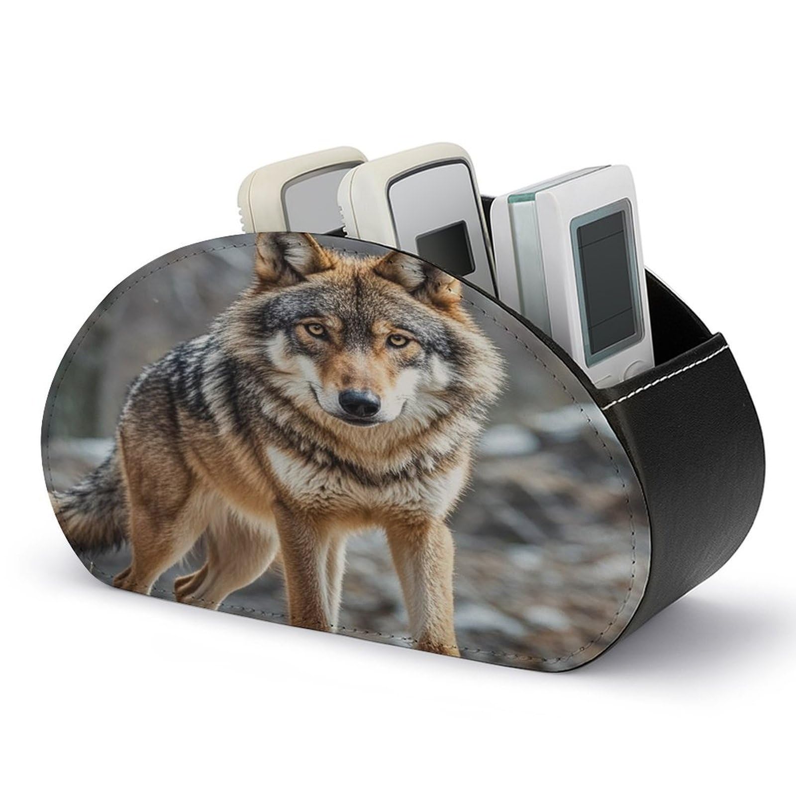 LZQPOEAS Wolf Remote Control Holder with 5 Compartments PU Leather Remote Organizer Box Caddy for Table Nightstand Remote Caddy Desktop Organizer Fits Media Controllers