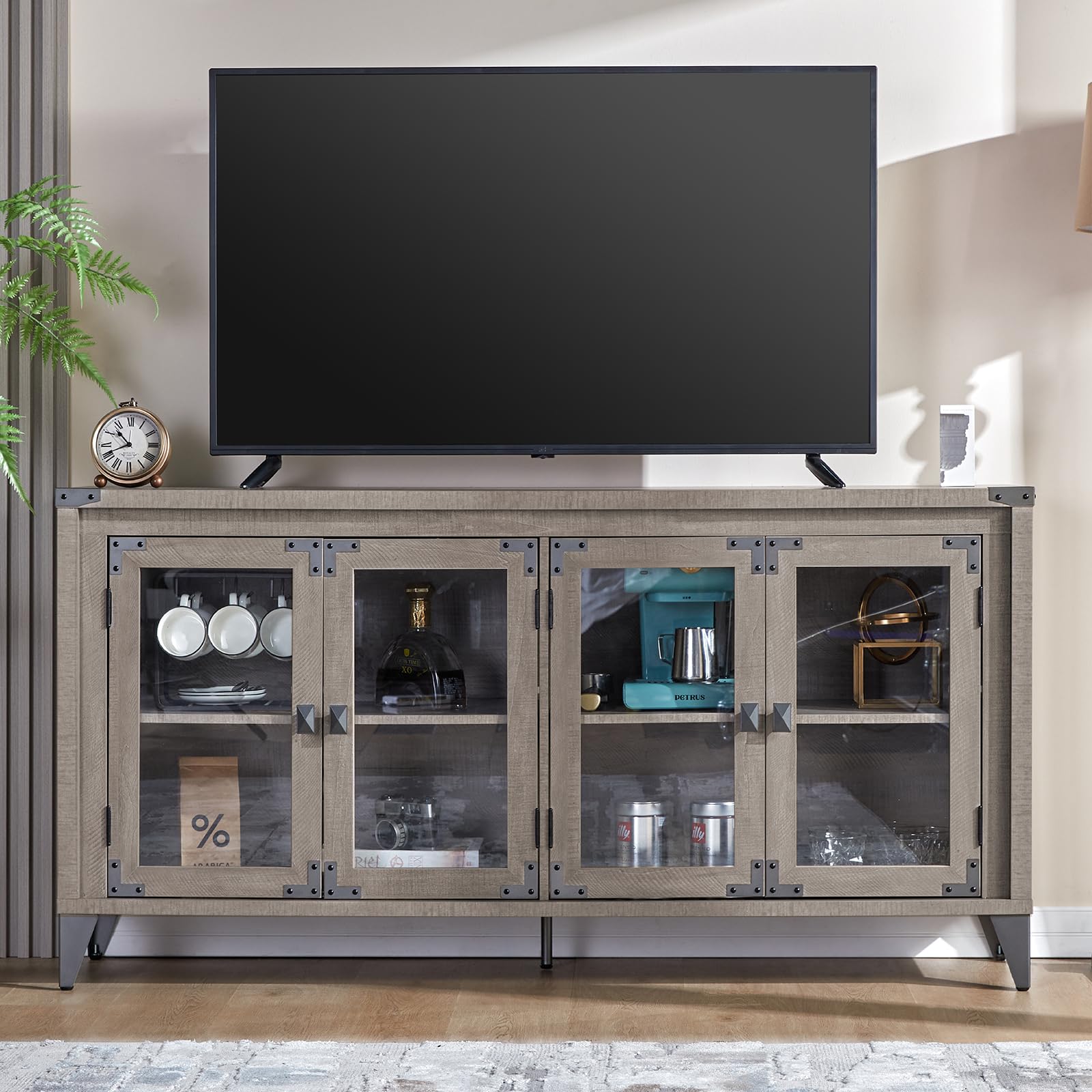 Industrial TV Stand for TV's up to 73", 63" Sideboard Buffet Cabinet with Glass Doors & Adjustable Shelf for Living Room, Kitchen, Dining Room, Entryway, Light Gray