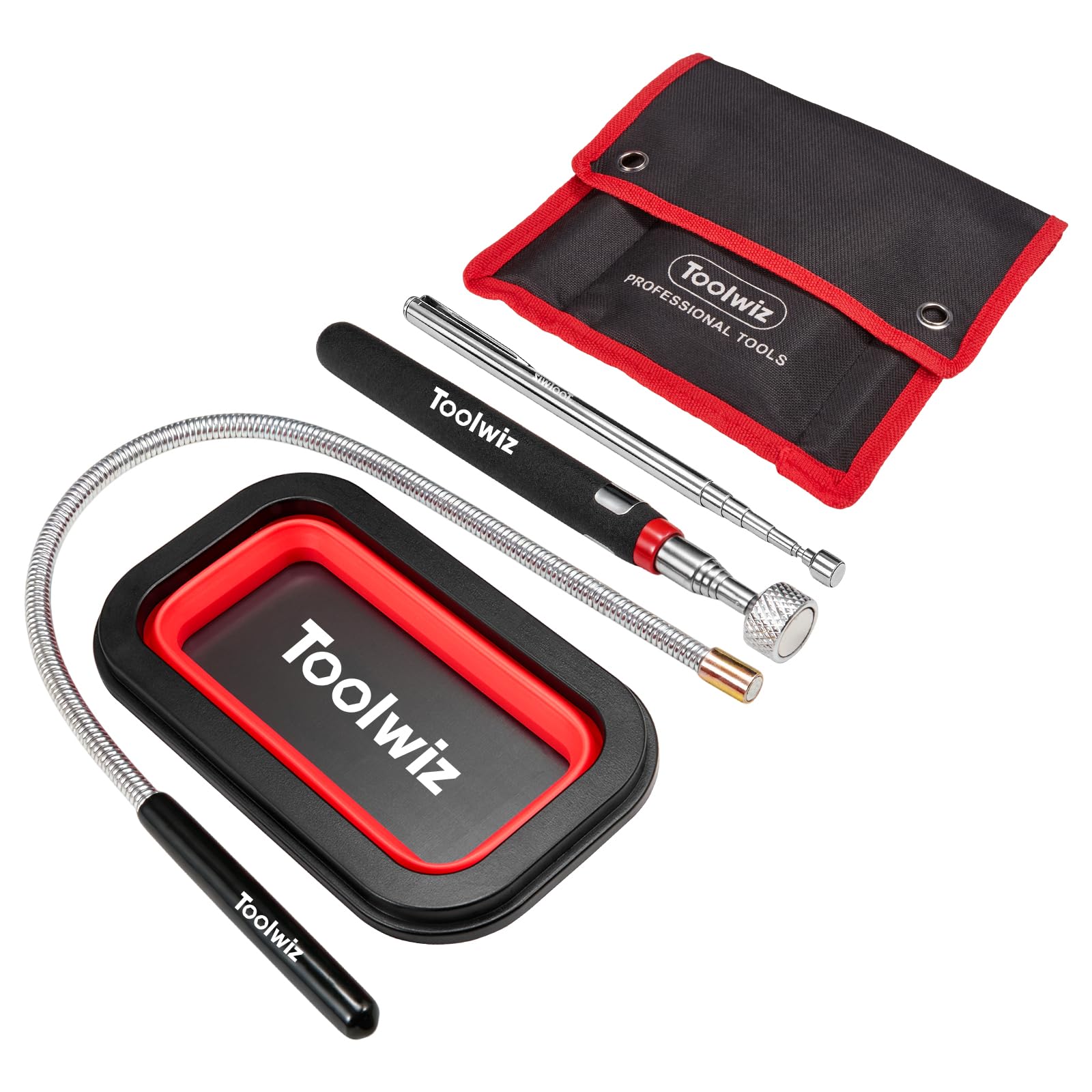 Toolwiz 4 pcs Magnetic Pickup Retrieval Tool Set with Parts Tray – Extendable, Flexible Magnet Sticks for Garage, Workshop & Yard