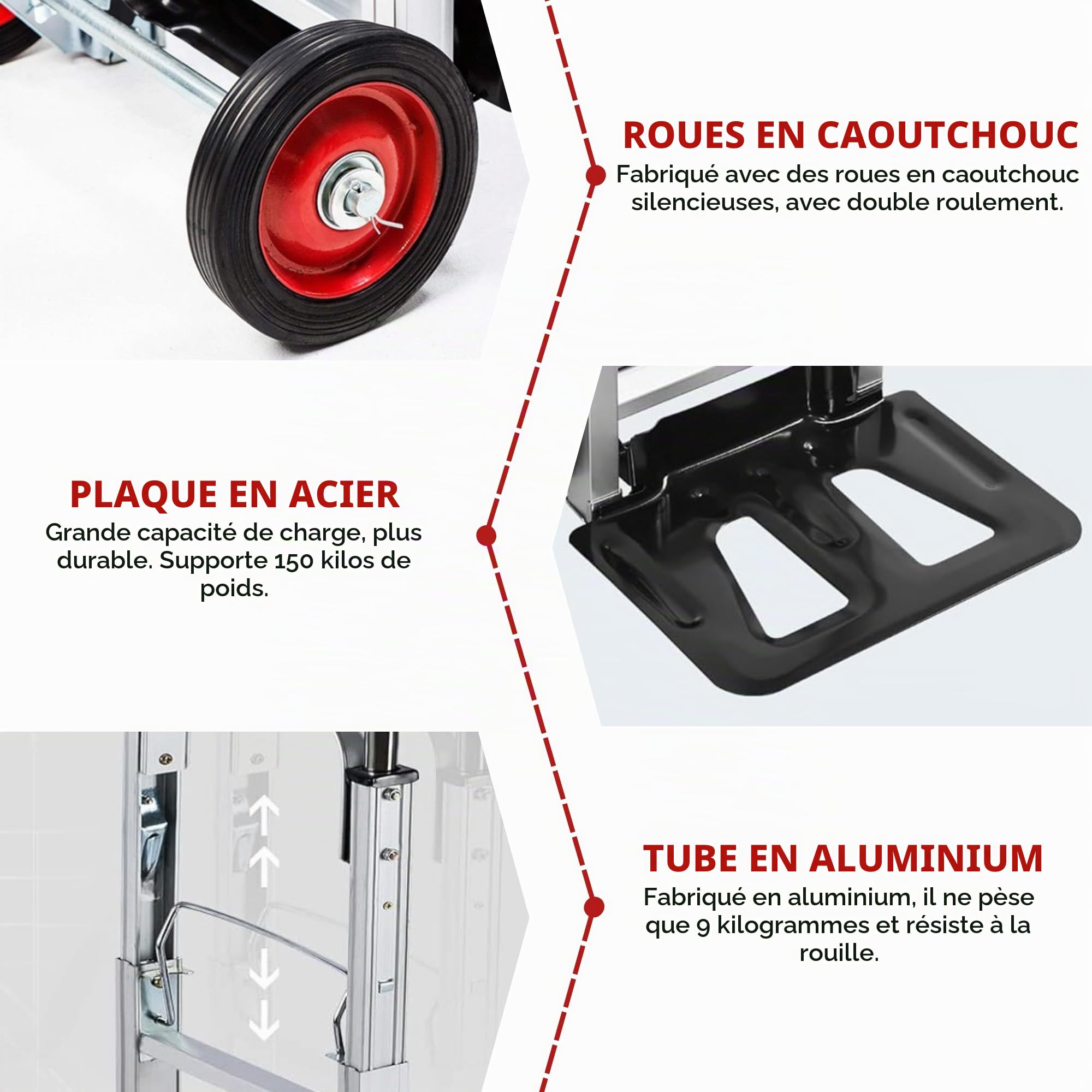 Diable Convertible 2 en 1 - Chariot à Main Pliable à 4 Roues, Transformable en Chariot à Plate-Forme, Aluminium, Capacité 150 kg - Pour Entrepôt, Jardin, Maison, Déménagements