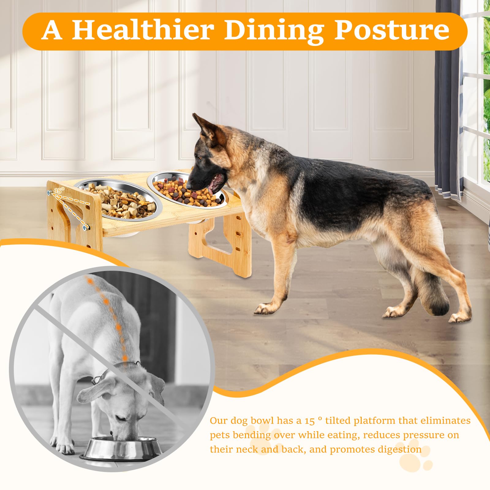 Cuencos elevados para perros, comedero elevado inclinado de 15° para mascotas, de 2 a 7.7 pulgadas, 5 alturas ajustables con 2 cuencos de acero inoxidable de 6.2 pulgadas, plato de comida y agua para
