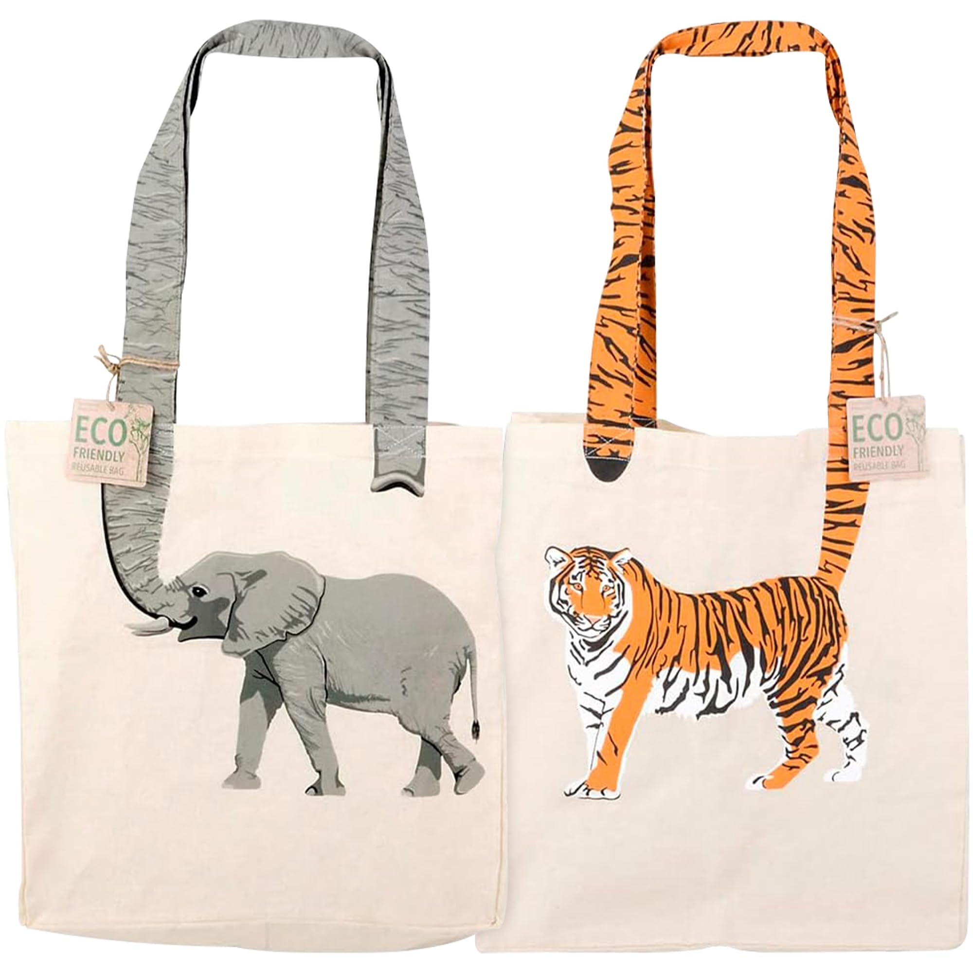 Forest & Twelfth Pack of 2 Eco-Friendly Canvas Tote Bag for Women, 16” Cute Elephant & Tiger Tote Bags, Reusable Bags for Groceries Shopping, Toy Storage, Book Organization (Elephant & Tiger)