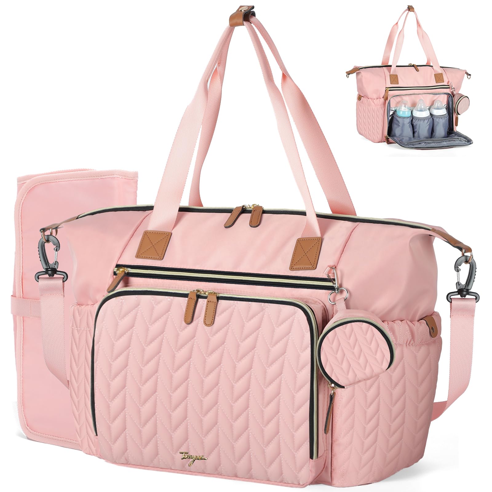 Diaper Bag Tote, Large Diaper Bags Waterproof, Hospital Bag for Labor Delivery, Baby Bag with Pacifier Case, Travel Diaper Tote with Changing Pad, Pink