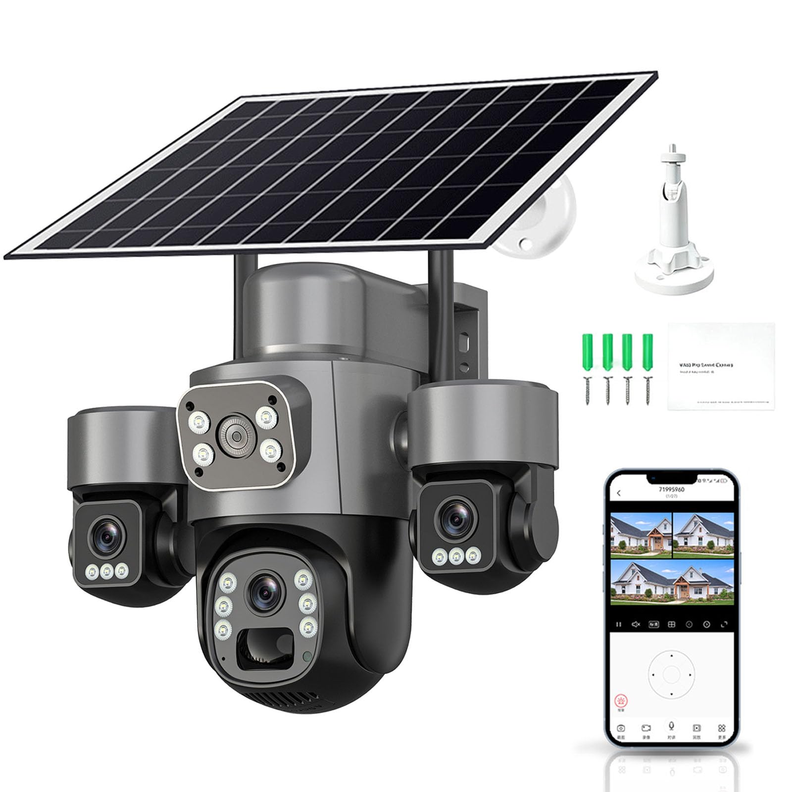 Caméra De Sécurité Solaire À Trois Objectifs, WiFi Extérieur 6 MP (A-WiFi)