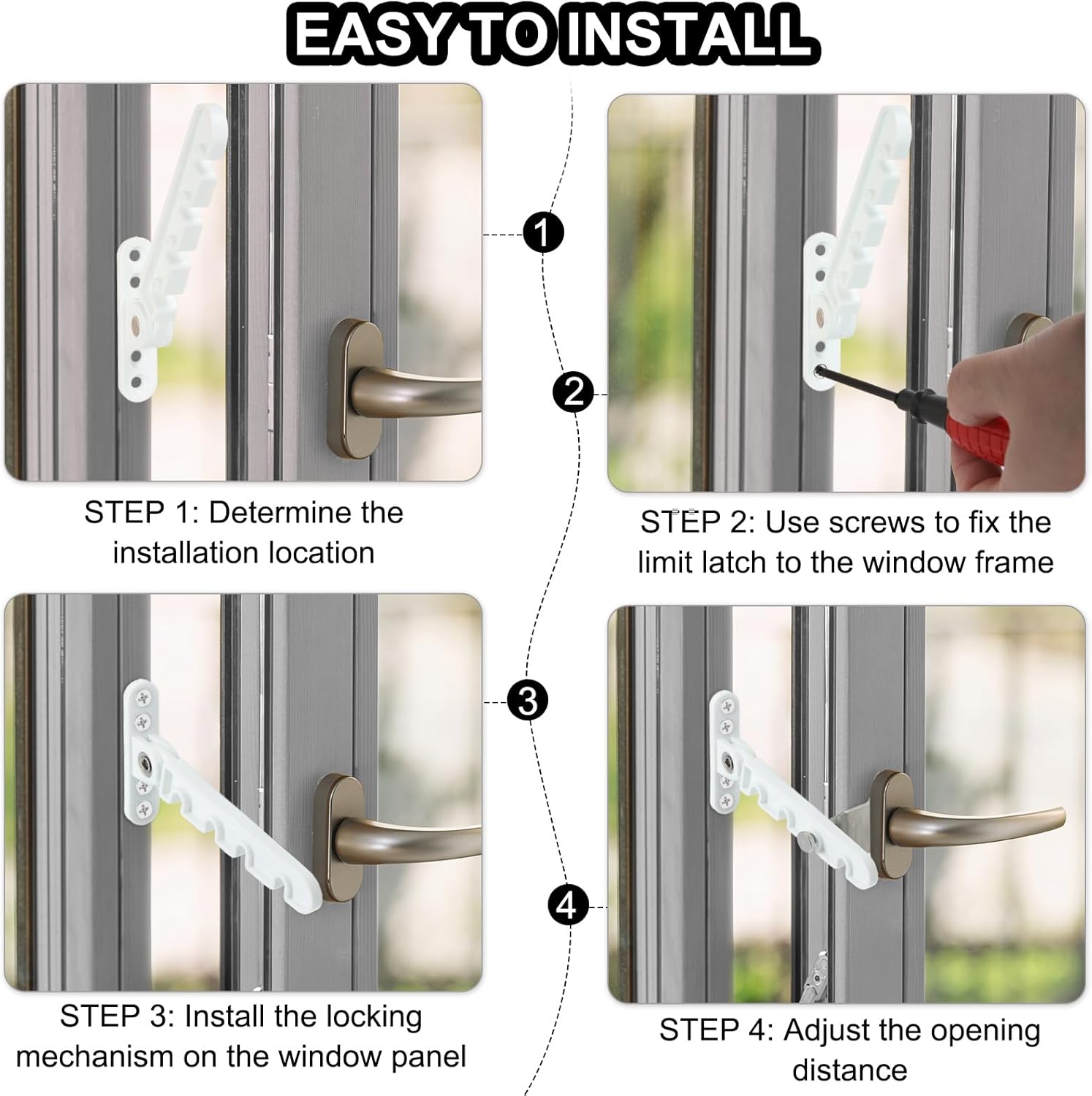 MECCANIXITY Window Restrictor Latch Window Safety Lock Stopper, Limit Stay Adjustable Casement Window Limiter with 7 Slots for Inward Opening Window, Silver Tone (2 Set, 35mm)