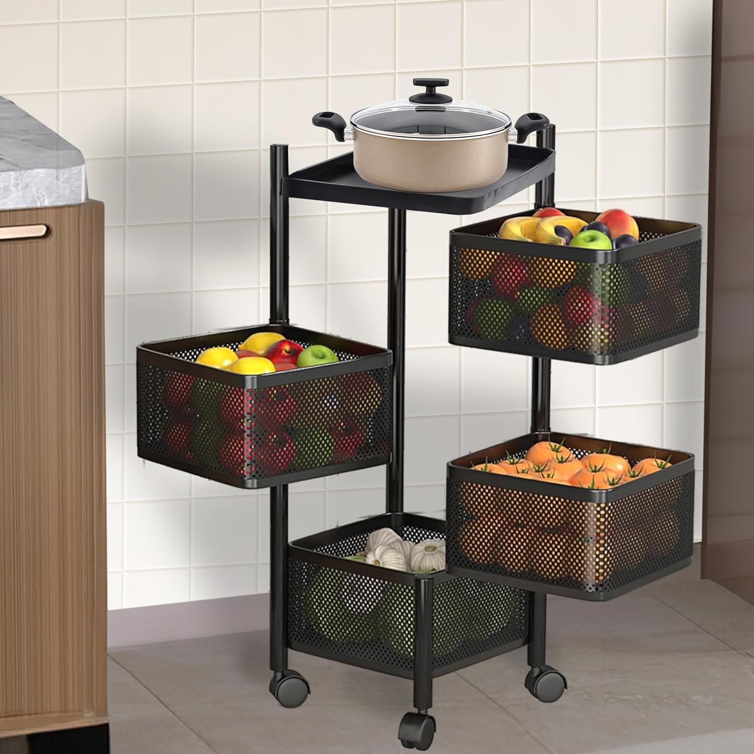 Luxeslice Metal Kitchen Trolley with Wheels,Kitchen Organiser Rack with 270 Rotatable Shelves and Detachable Wheels Kitchen Rack Basket Household Items, Fruits and Vegetables Storage Rack (4 Layer) (B0DJ9X6YY6) Amazon Price History, Amazon Price Tracker