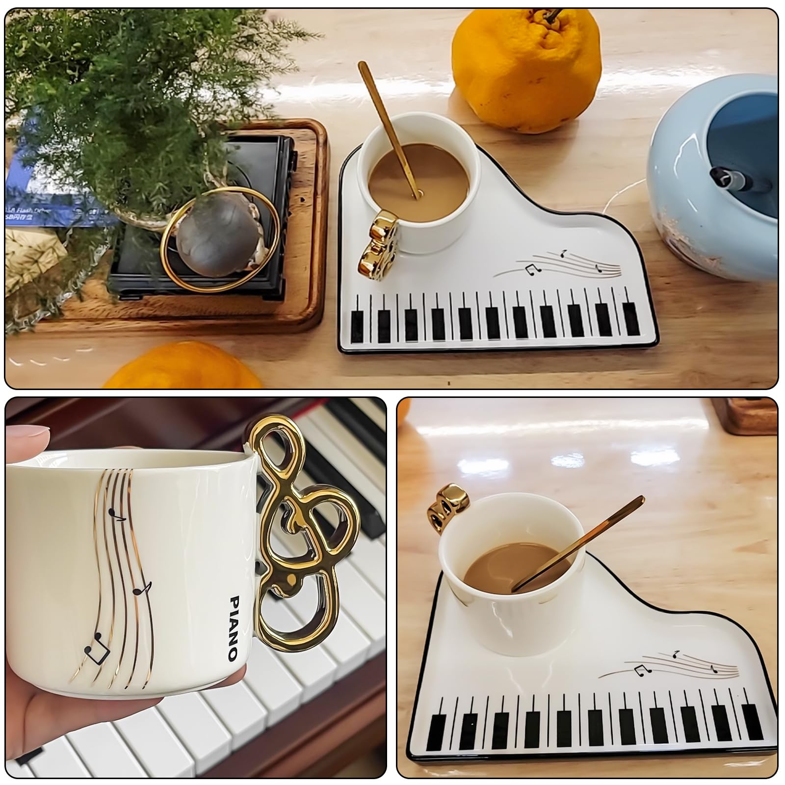 Musical Note Tazza da caffè in ceramica con piattino e cucchiaio: 200 ml per pianoforte creativo, tazza da caffè con nota musicale, tazza da tè stampata, tazza da caffè per amore della musica, regalo