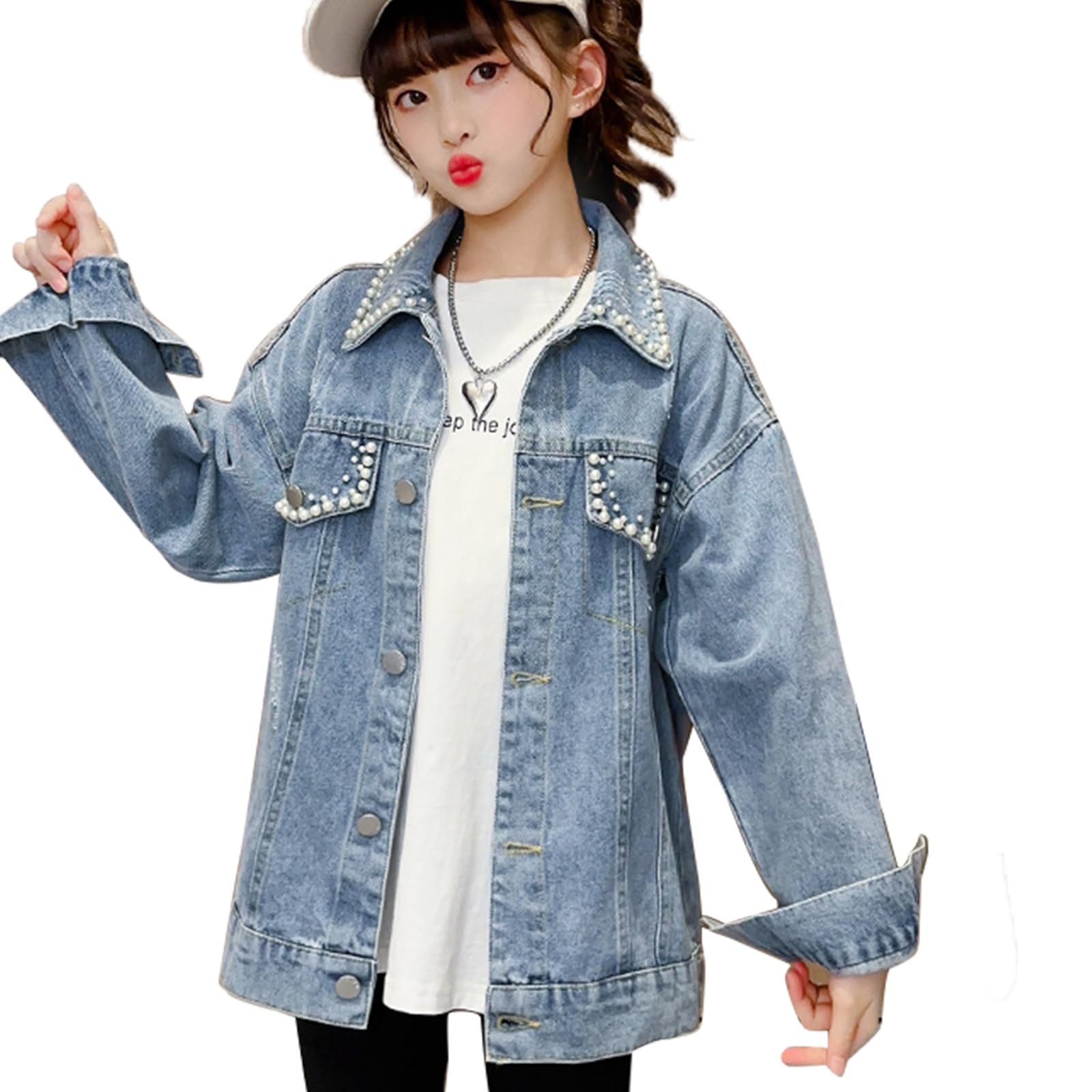 Rolanko Chaquetas de mezclilla para niñas, chaqueta básica de gran tamaño para niñas, ropa de otoño con botones, chaqueta de camionero de 5 a 14 años