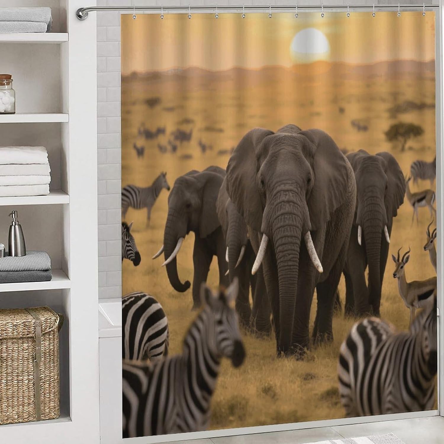 Elephants Shower Curtain Set 4 Piece, Non-Slip Bath Mat with Toilet Lid Cover and Waterproof Shower Curtain with 12 Hooks, Complete Bathroom Set for Home Decor