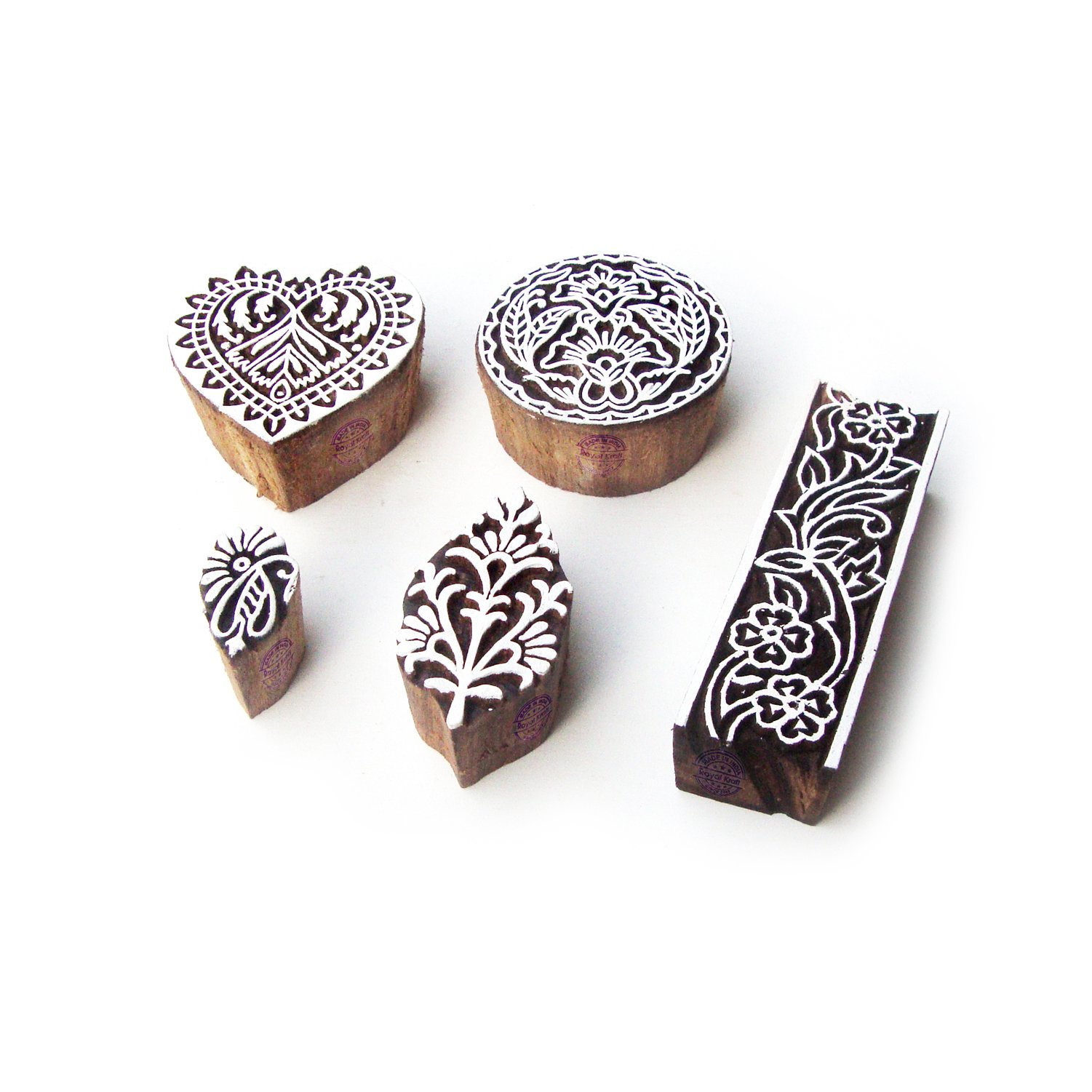 Royal Kraft Round and Heart Artistic Designs Wooden Printing Stamps (Set of 5)