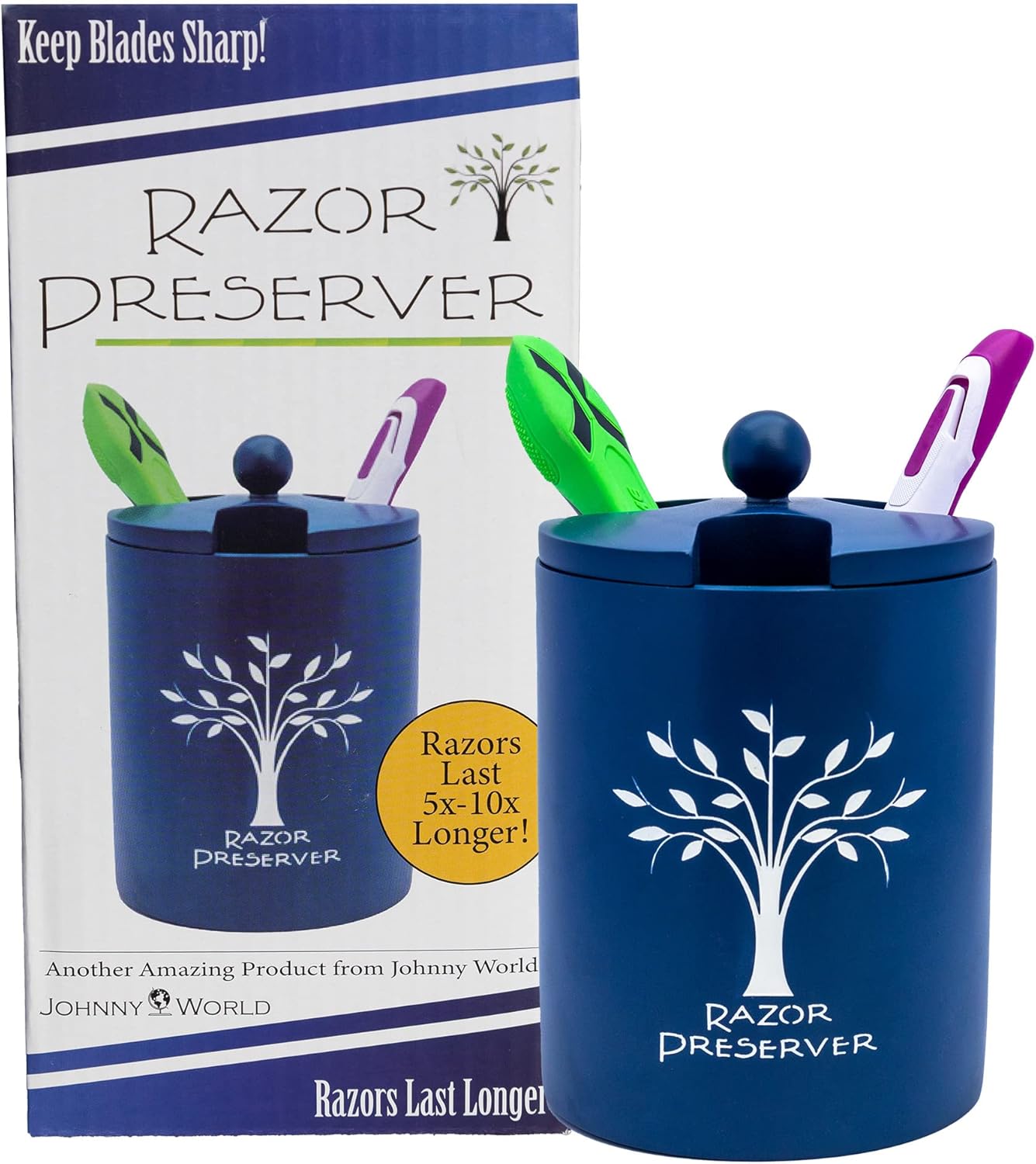 The Razor Preserver - Attractive Shaver Stand with Cleaning Brush and Moisture Absorber. Extend the Life 10x of your Razor Blades! Barber Jar. Keep Shavers Sharp, Clean & Dry