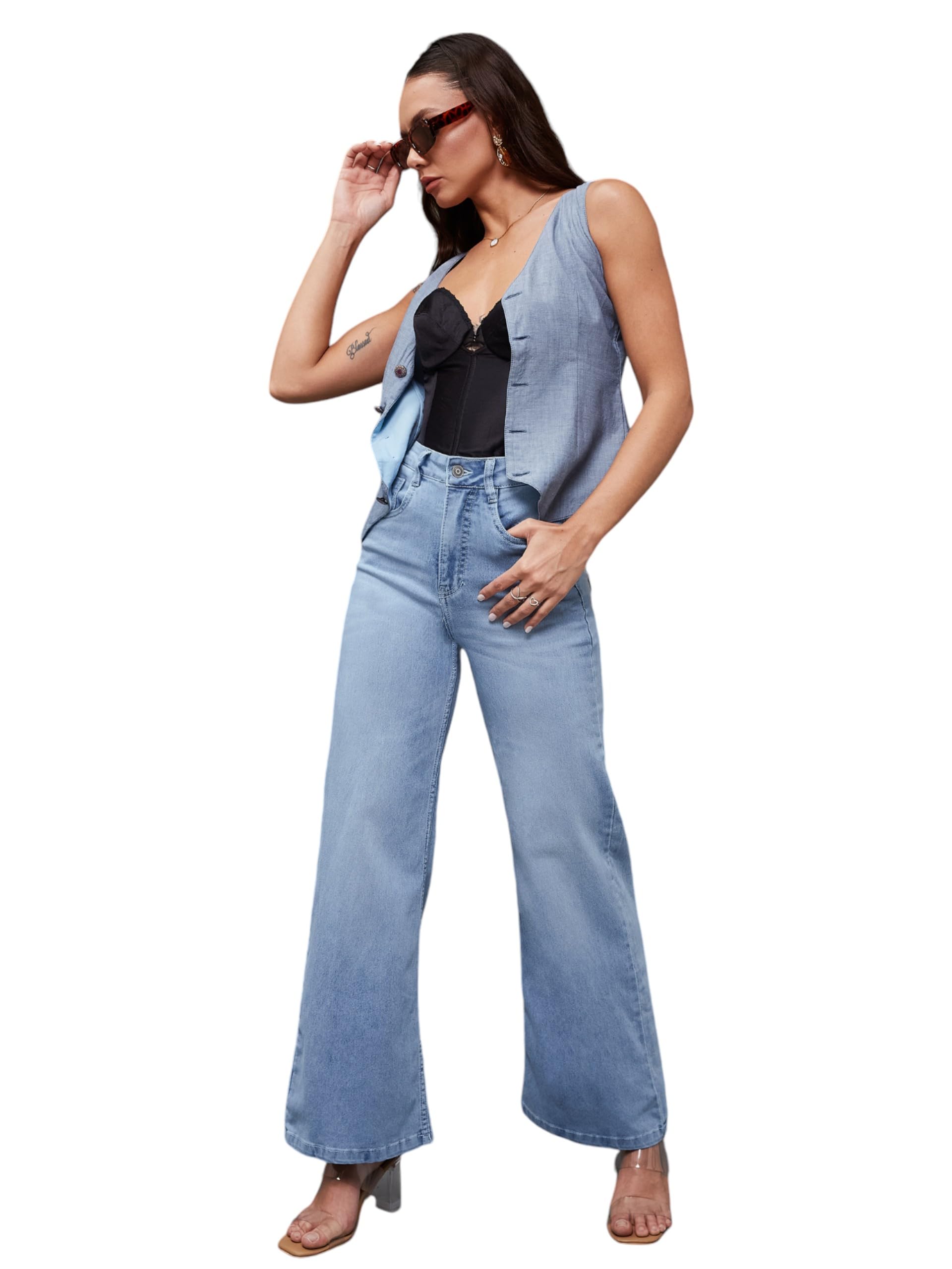 Women's Wide Leg High Rise Regular Length Stretchable Shaping Denim Jeans (MCAW24DEN79-32-54-30, Sky Blue, 30)-image-49