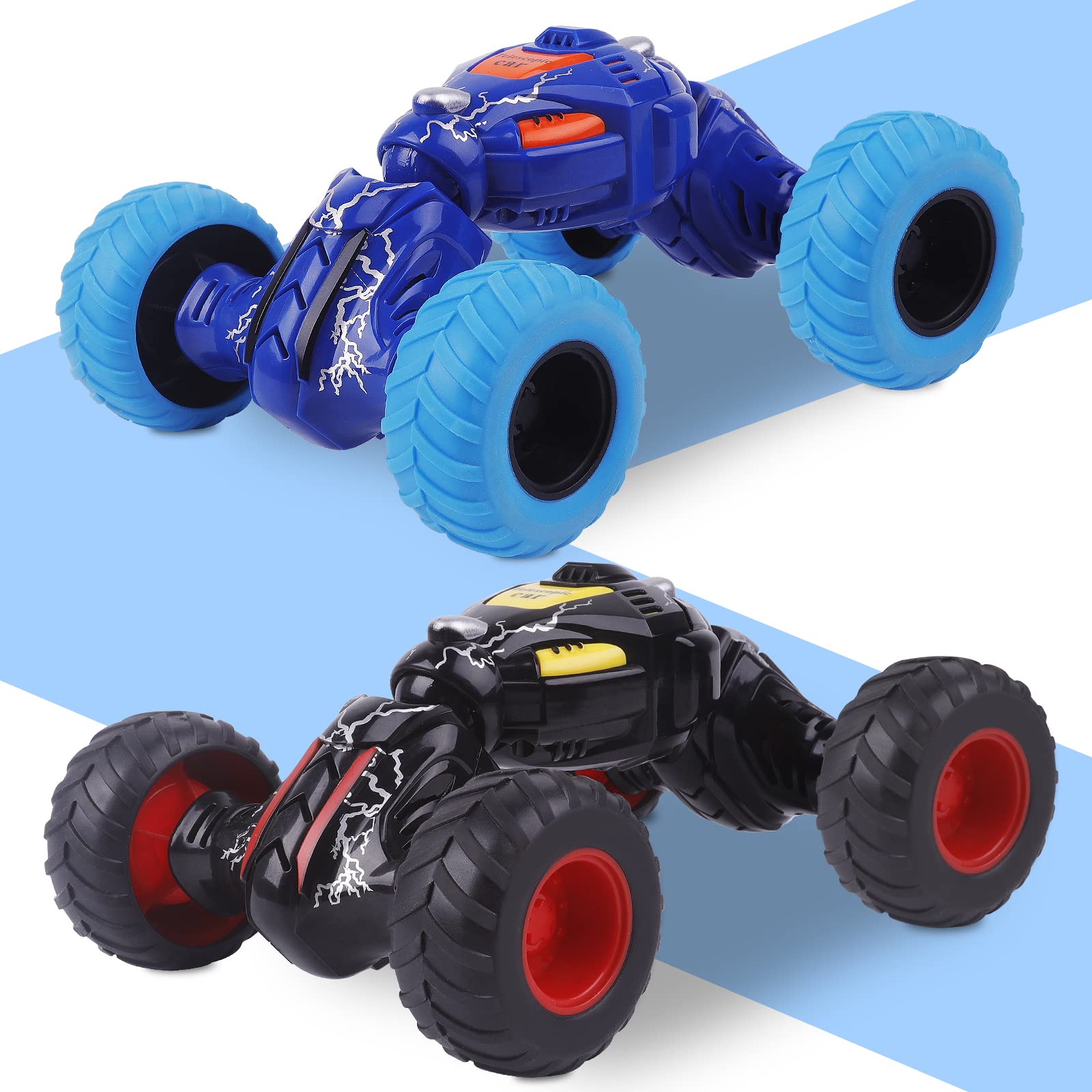 SANLINKEE Pull Back Car，2 Pack Toddlers Friction Car Toys Telescopic Push and Go Vehicle Monster Inertia Truck Educational Birthday Gifts Toys Gifts for 3-7 Years Old Boys Girl ( 1 Black, 1 Blue)