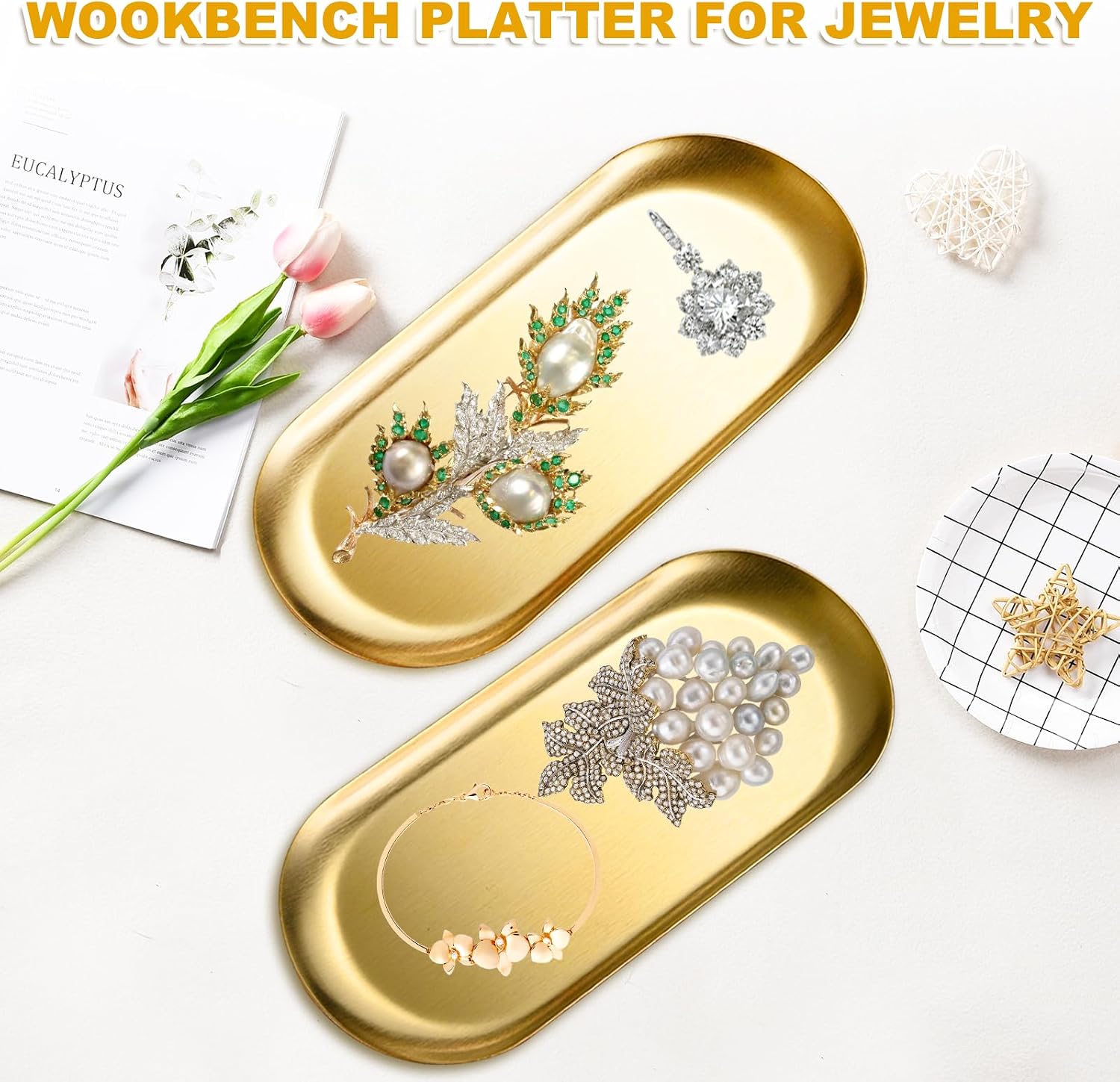 AKOLAFE 4PCS Stainless Steel Serving Tray Set Gold Platters for Serving Food Party Large Metal Trays Decorative 12" Long Plate Oval Storage Trays Thickened Serving Dishes for Entertaining Sushi Snack