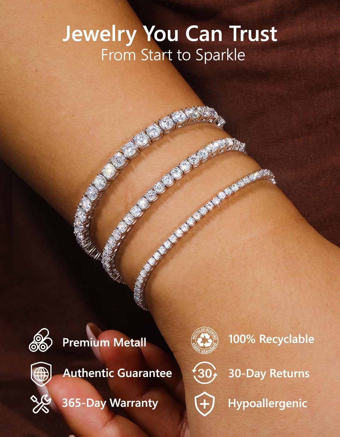 KRKC&CO Tennis Bracelet, Adjustable Length S925 Sterling Silver 2/3/4mm, Christmas Birthday Gifts for Her, Gift Box, Cubic Zirconia Bolo Bracelets for Women White/14K Gold Plated, Hypoallergenic - Image 4