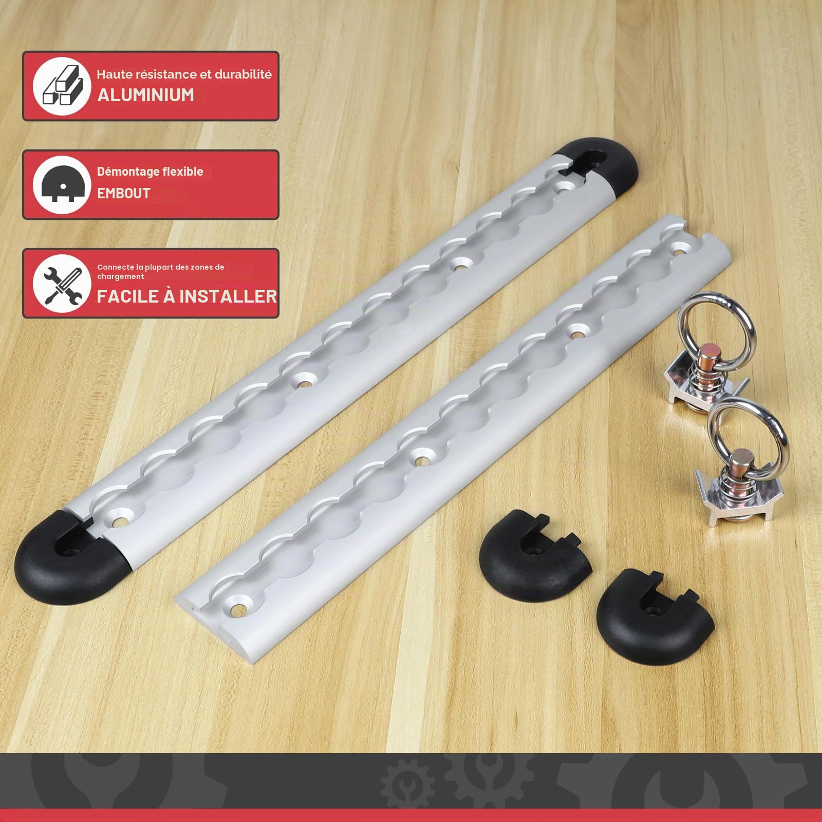 EXLECO 2pcs 30cm Rail D'arrimage Rond en Aluminium Rails Aero Argent, Anodisé Kit de Démarrage Rails D'aviation avec Anneau Arrimage & Embouts, Rail Aeronautique avec Trous pour Remorques Camions