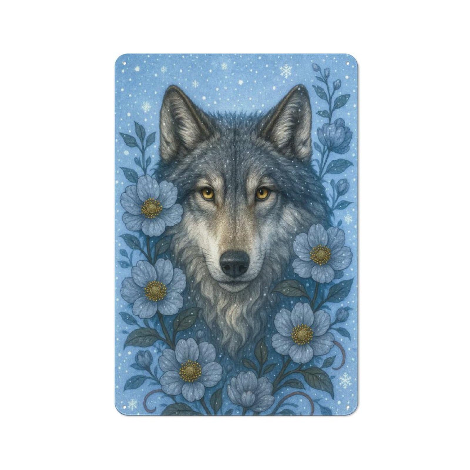 Wolf Portrait with Blue Flowers Tin Sign 30x20cm, Creative Studio Wall Plaque for Hobby Room, Office, Lounge Or Living Room