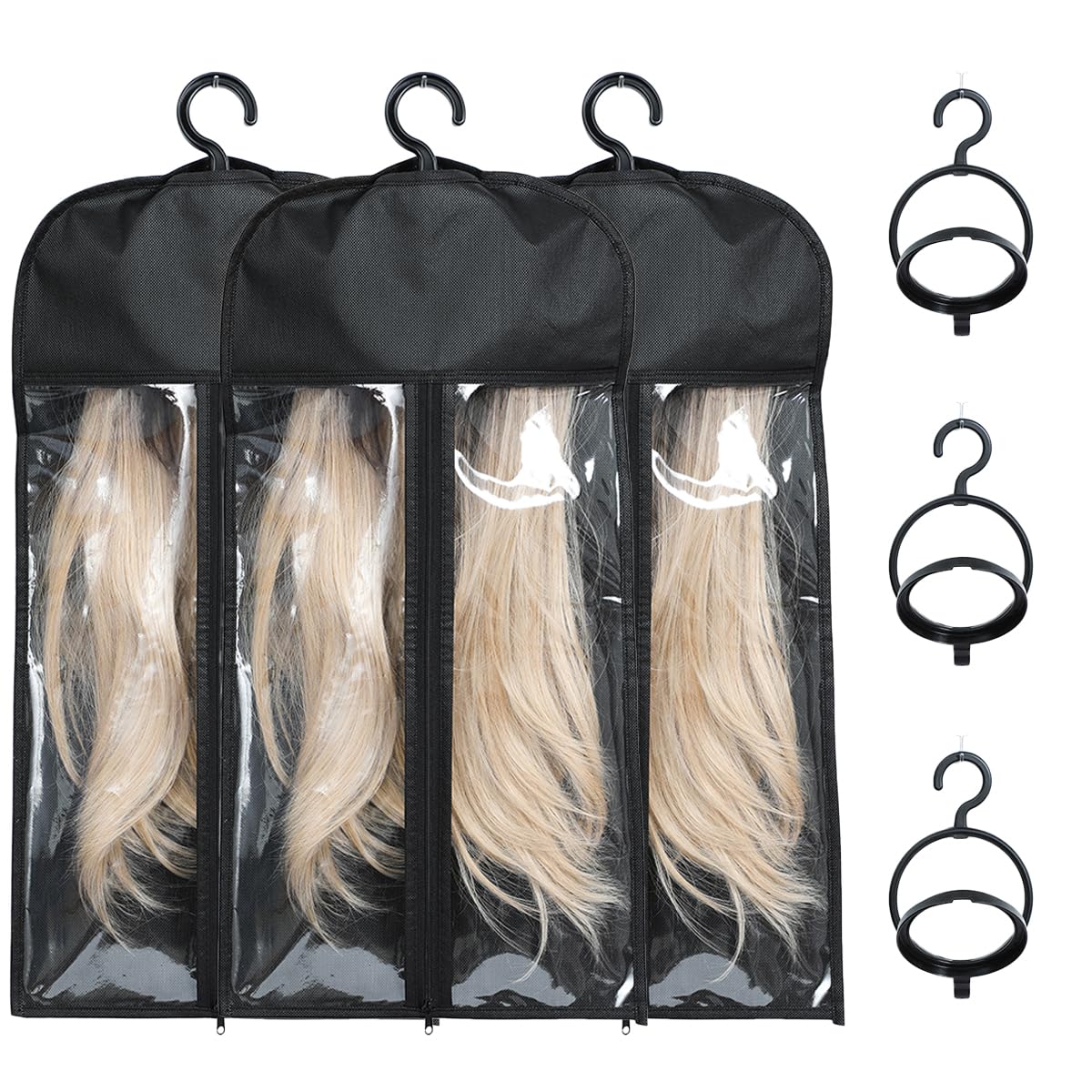 3PCS Dust-proof Tangle-proof Wig Bags With Holder - Portable Storage for Multiple Wigs With Transparent Zip Up Closure - Accessories Stand and Hanger