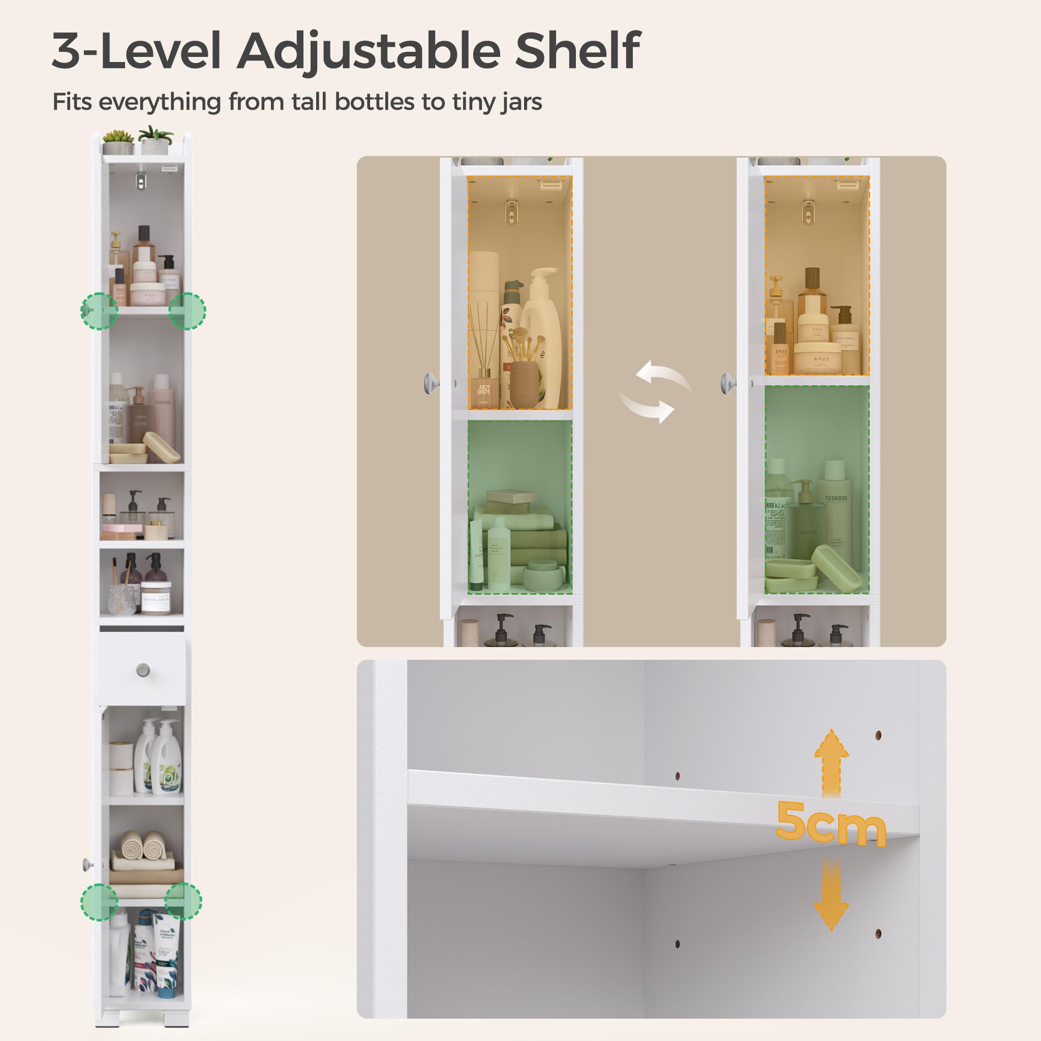 Mondeer Mobile da bagno alto e sottile, per piccoli spazi larghi 20 cm | Mobile portaoggetti stretto autoportante con cassetto, 5 ripiani regolabili e 2 scomparti aperti, 20 x 20 x 180 cm, bianco