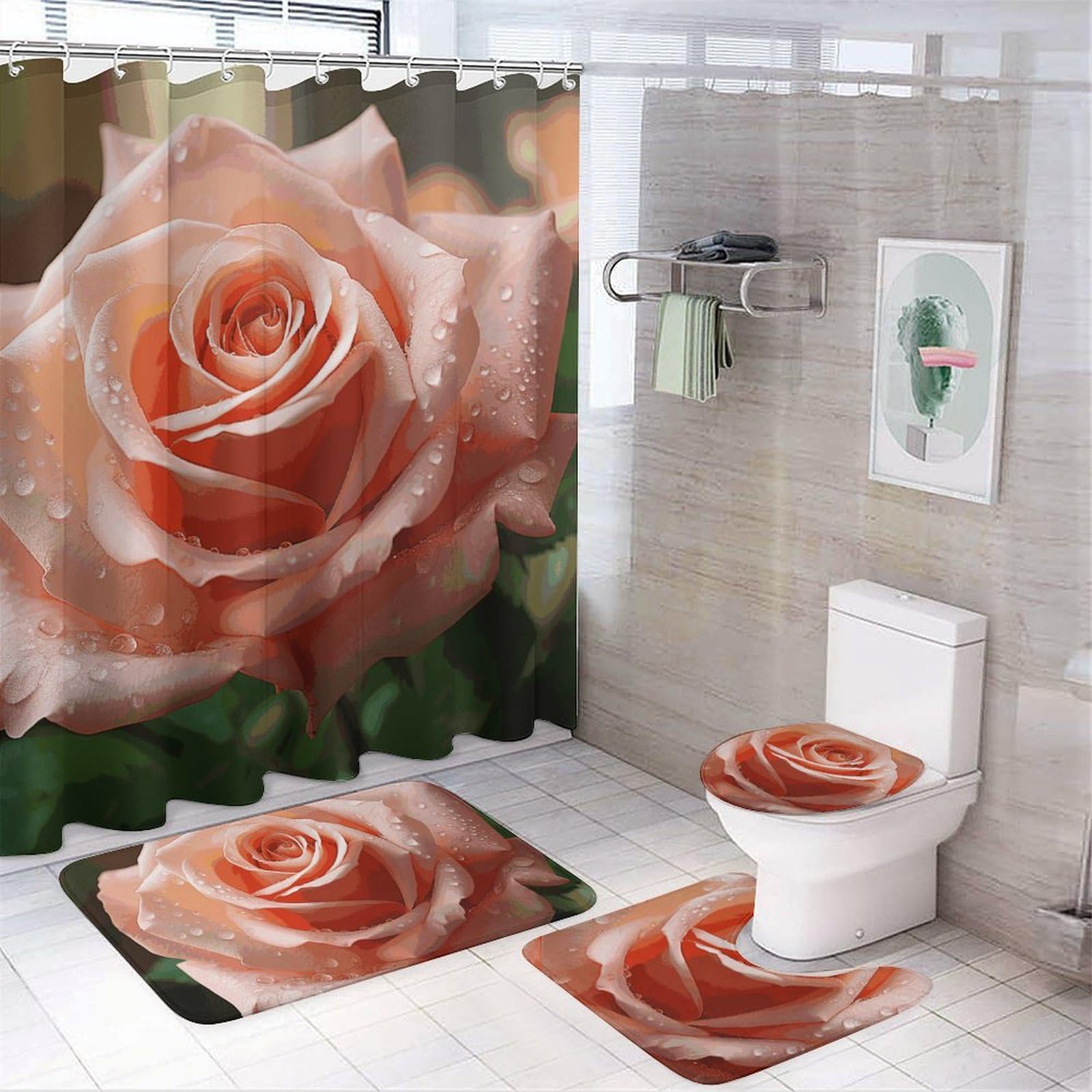 Rideau de douche de salle de bain étanche avec tapis et housse de toilette rose