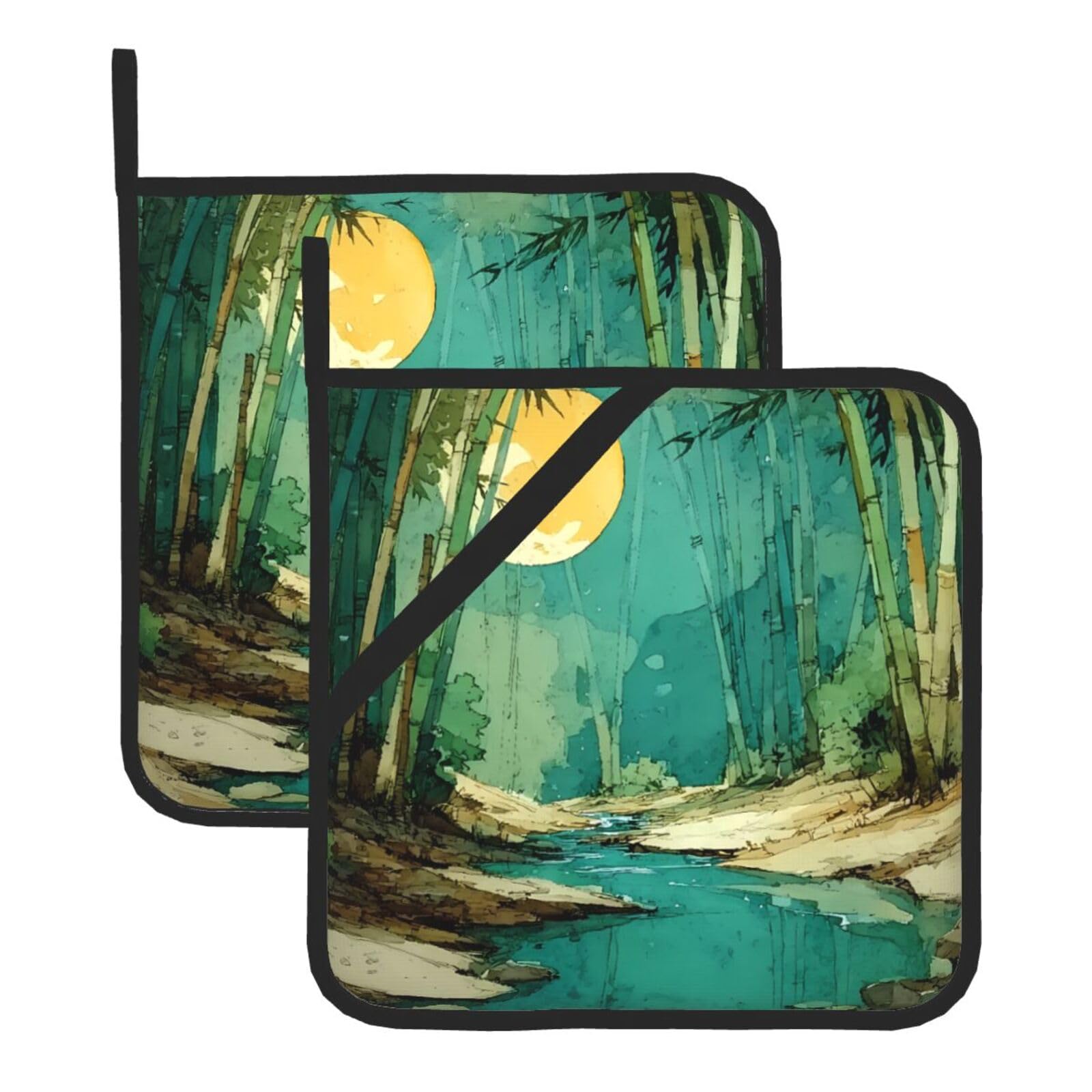 Oil Painting Bamboo Forest Square Heat Resistant Trivet Set Thick and Durable for Baking Barbecue Cookware Oven