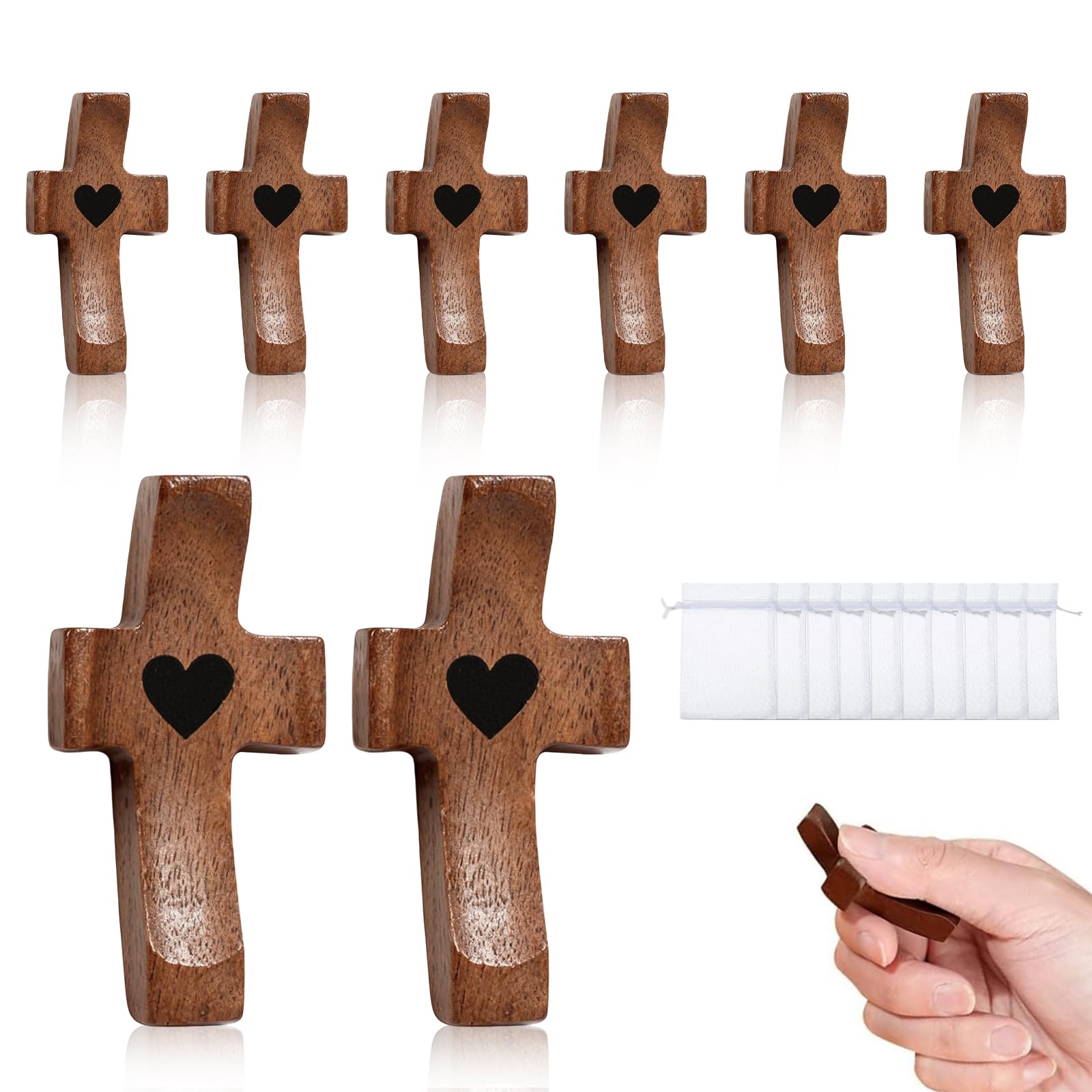 10 PCS Wooden Cross, Pocket Holding Crosses with Organza Bags Palm Cross Fidget Wood for Devotional Prayers Baptism Communion