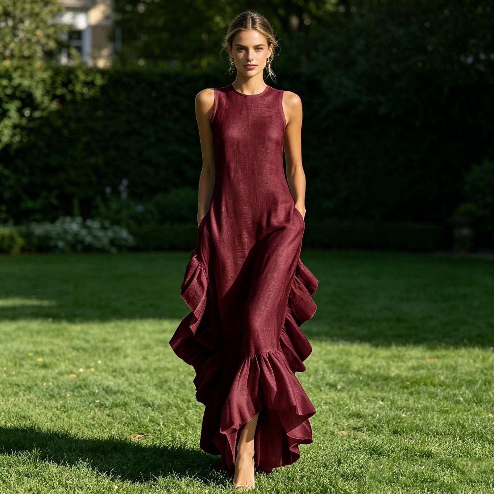 Robe sans manches à col rond pour femme, ourlet froncé, robe trapèze élégante, tenue élégante pour la plage, le bureau, les fêtes et les cocktails
