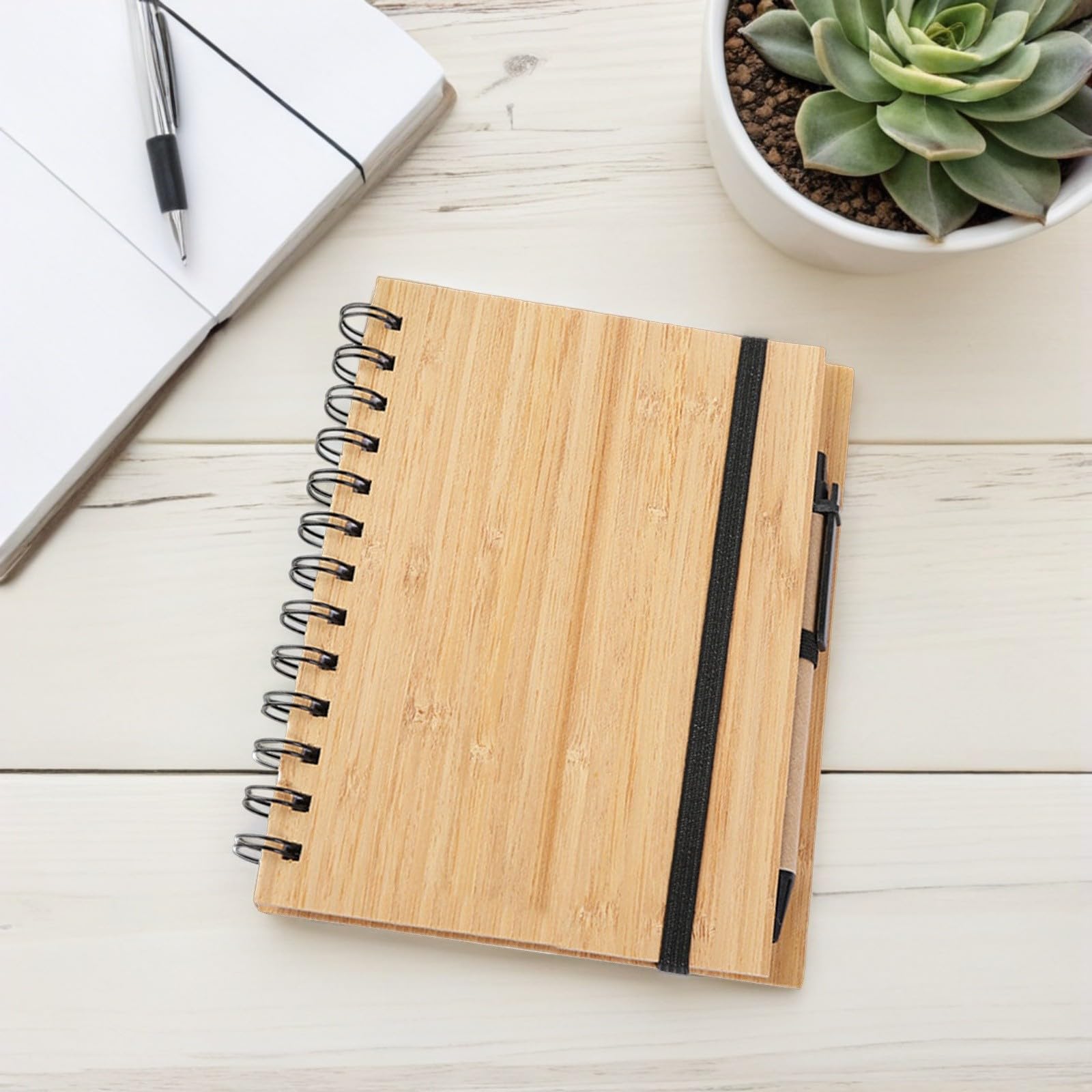 ABOOFAN Notizbuch und Stift 3 Stück mit Bambusbezug Liniert 70 Seiten Spiralbindung für Büro Schule und Kreatives Journaling