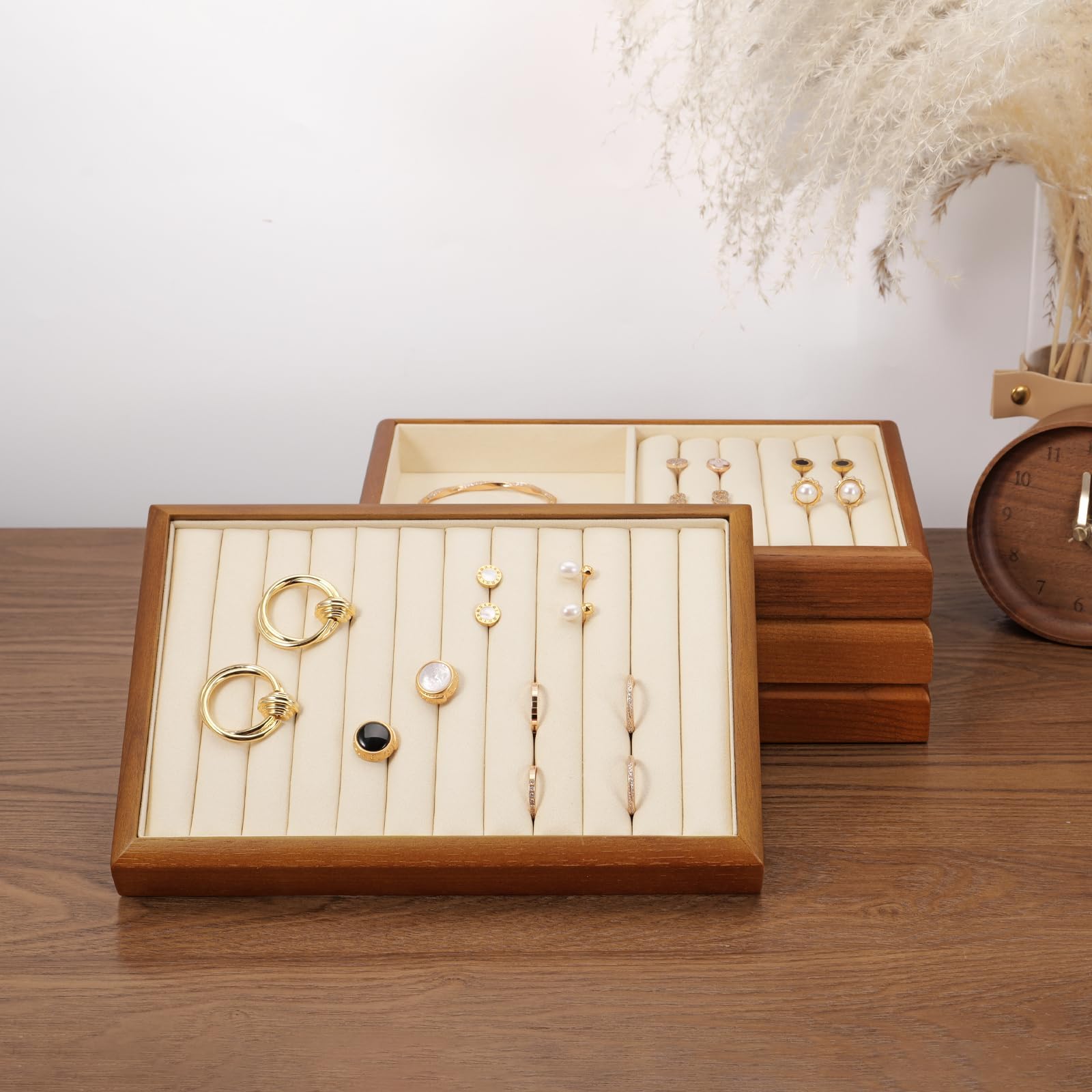 Oirlv Bandejas Planas De Madera Maciza Para Joyas, Apilables, Organizador De Joyas, Joyero (Blanco Crema) | Bandeja de madera compacta. Ideal para cajón, vitrina y uso diario