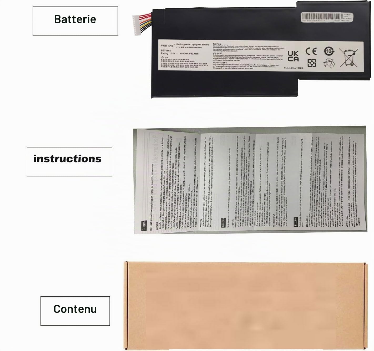 FESTAS BTY-M6K Batterie Compatible avec MSI GS63VR GS73VR 7RG， | GF63 10SCSR 10SCXR，GF65 9SEXR 9SD 10UE 10SDR 10SER，GF75 8SC 8RD 8RC 8RX 8RC 8RD 9SC 9SCXR 9SC 9SCSR 9SD，WP65 9TH，WF65