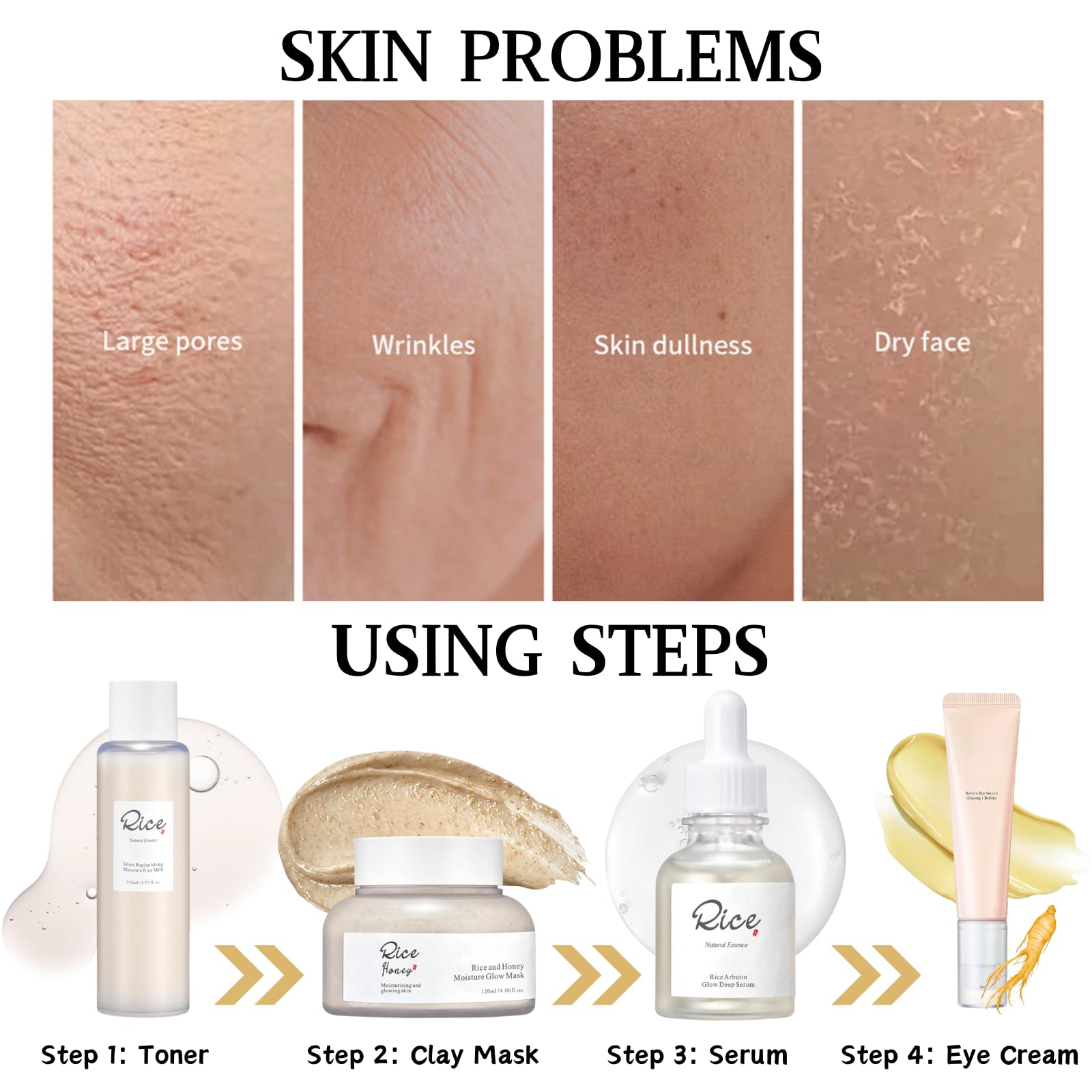 4-Step Korean Glass Skin Set - Rice & Honey Glow Mask, Arbutin Serum, Ginseng Eye Care, Hydrating Toner, SET-A - Image 4
