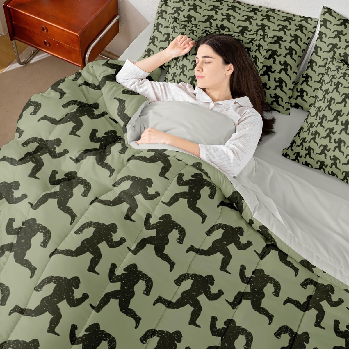 Feelyou Foot Print Sasquatch 7 Piece Bedding Set Twin Size for Men Women Teens Kids Orangutan Hunting Vintage Comforter Set with Sheets Boys Hunter Green Black Bed in a Bag Wild Home Decor