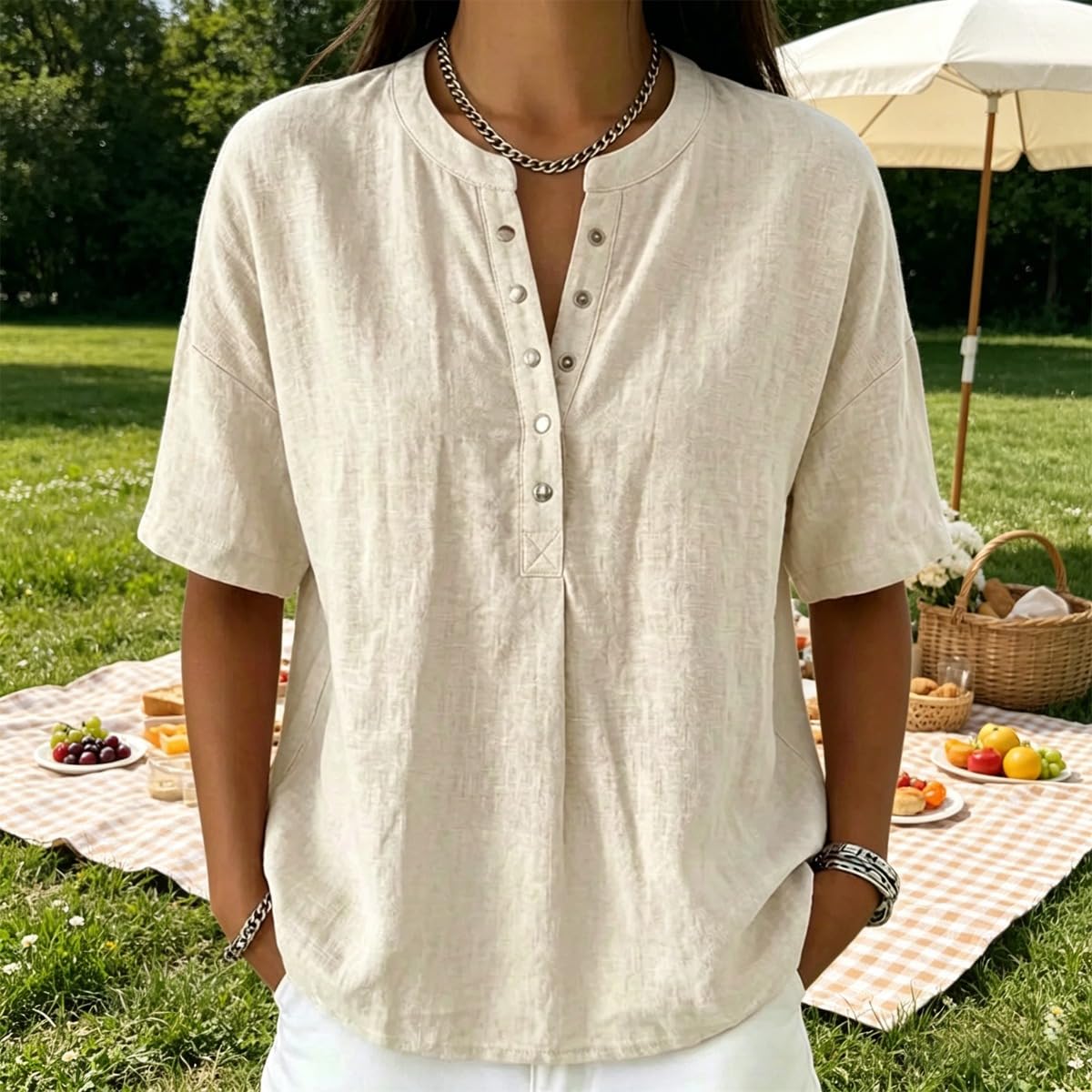 Women’s Casual Henley Collar Linen and Cotton Short-Sleeve Shirt Perfect For Laid-Back Days, Combines Comfort and Style