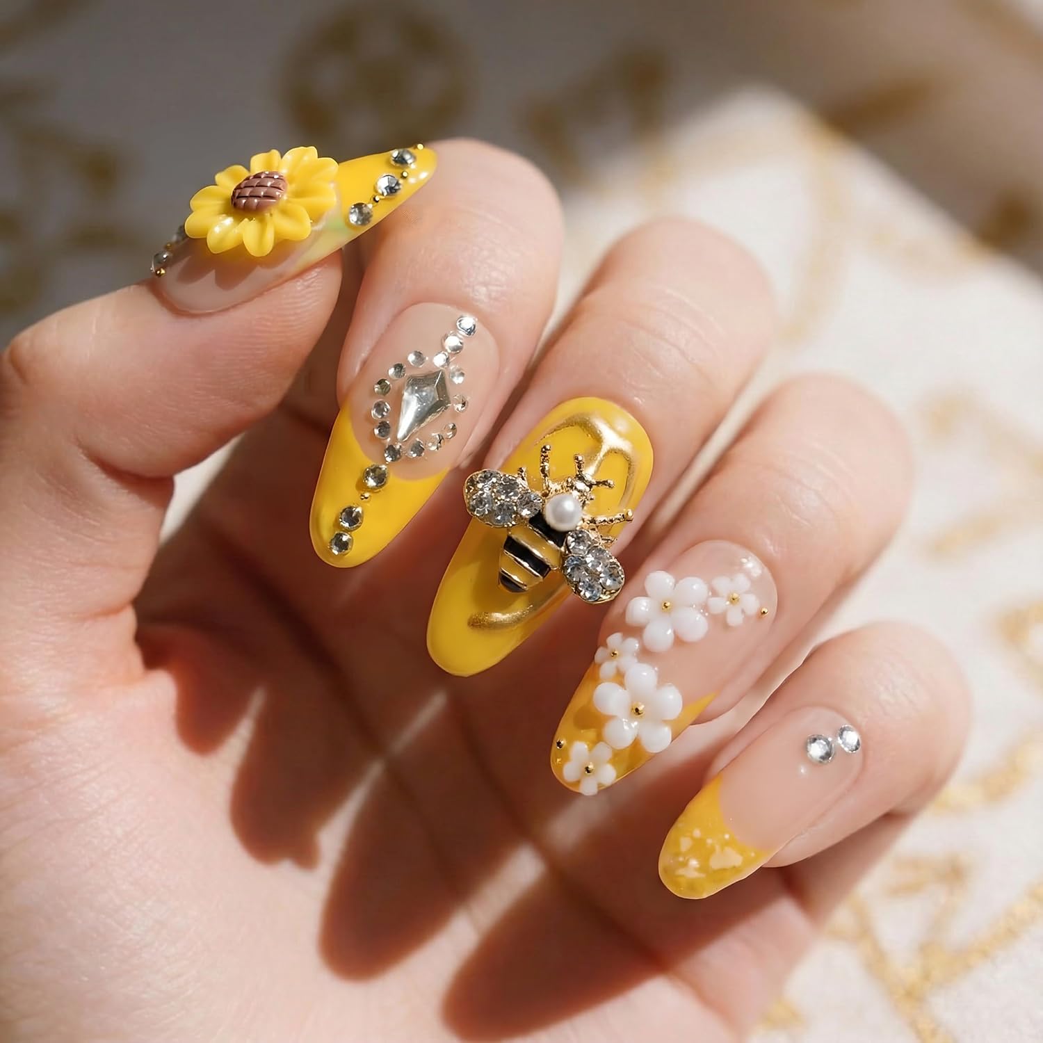 24Pcs Handmade Press on Nails,3D Sunflower Medium Length Almond Shape Fake Nails with Full Covered White Flowers,Cute Manicure Kit for Women and Girls