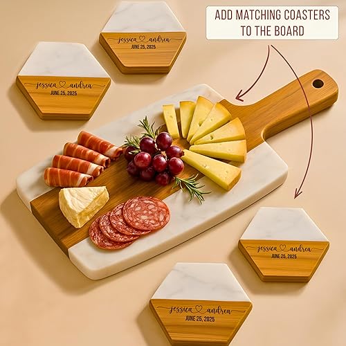 Miniatura 4 de Personalized Cutting Board & 4 Coasters Set – Acacia Wood & Marble – Multi-Purpose, Food-Safe Charcuterie Boards – Gift for Weddings, Housewarmings,