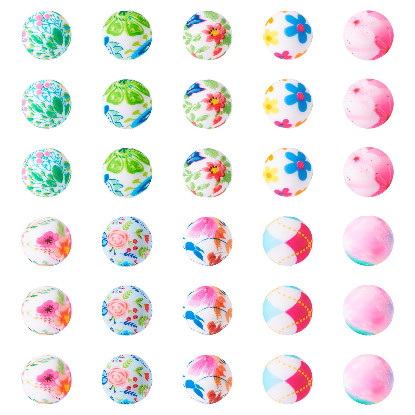 Boutigem 30Pcs Flower Pattern Silicone Round Beads Bulk 15mm Printed Round Rubber Loose Beads for DIY Bracelet Keychain Jewelry Making Pen Decor — image 1