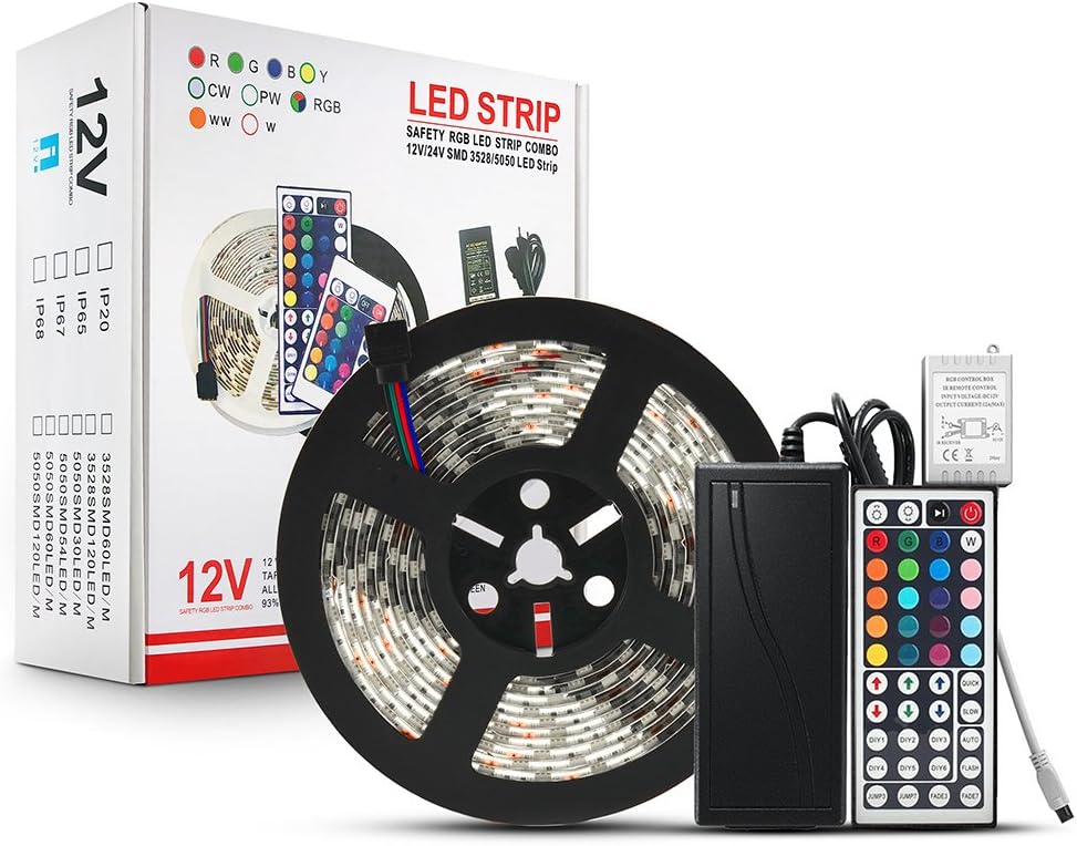 Blue Wind Led Strip Lighting 5M 16.4 Ft 5050 RGB 300leds Flexible Color Changing Full Kit with 44 Keys IR Remote Controller +Control Box+ 12v 5A Power Supply
