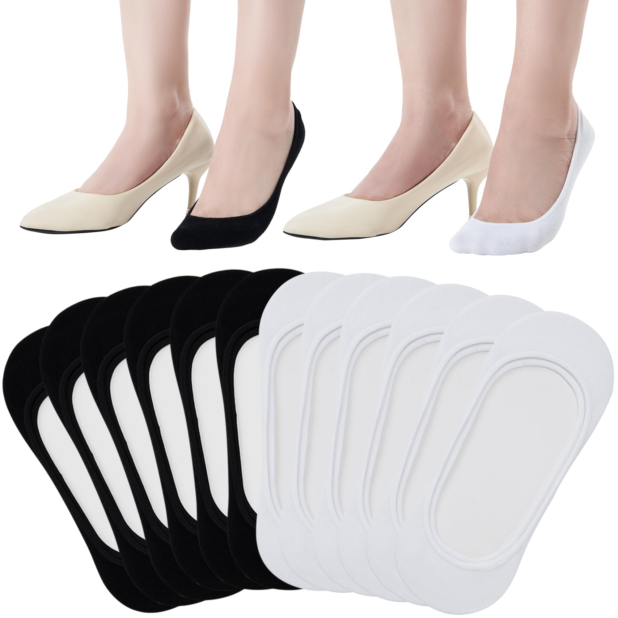 ATBITER No Show Socks Womens Flats - 6/12 Pairs Non Slip Invisible Ultra Low Cut Liner Footies Socks for Loafer Boat, 12 Pairs-6black+6white, 8-10 UK