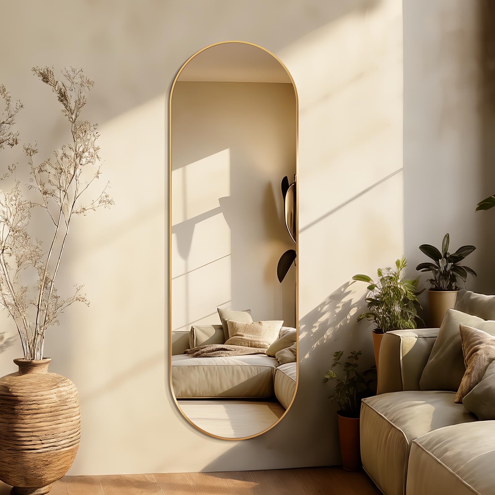 Photo 1 of TheiaMo Oval Full Length Mirror, 60"×19" Wall-Mounted Mirror with Metal Frame, Ultra-Clear Explosion-Proof, Simple and Classic Deco for Cloakroom/Bedroom/Living Room, Gold