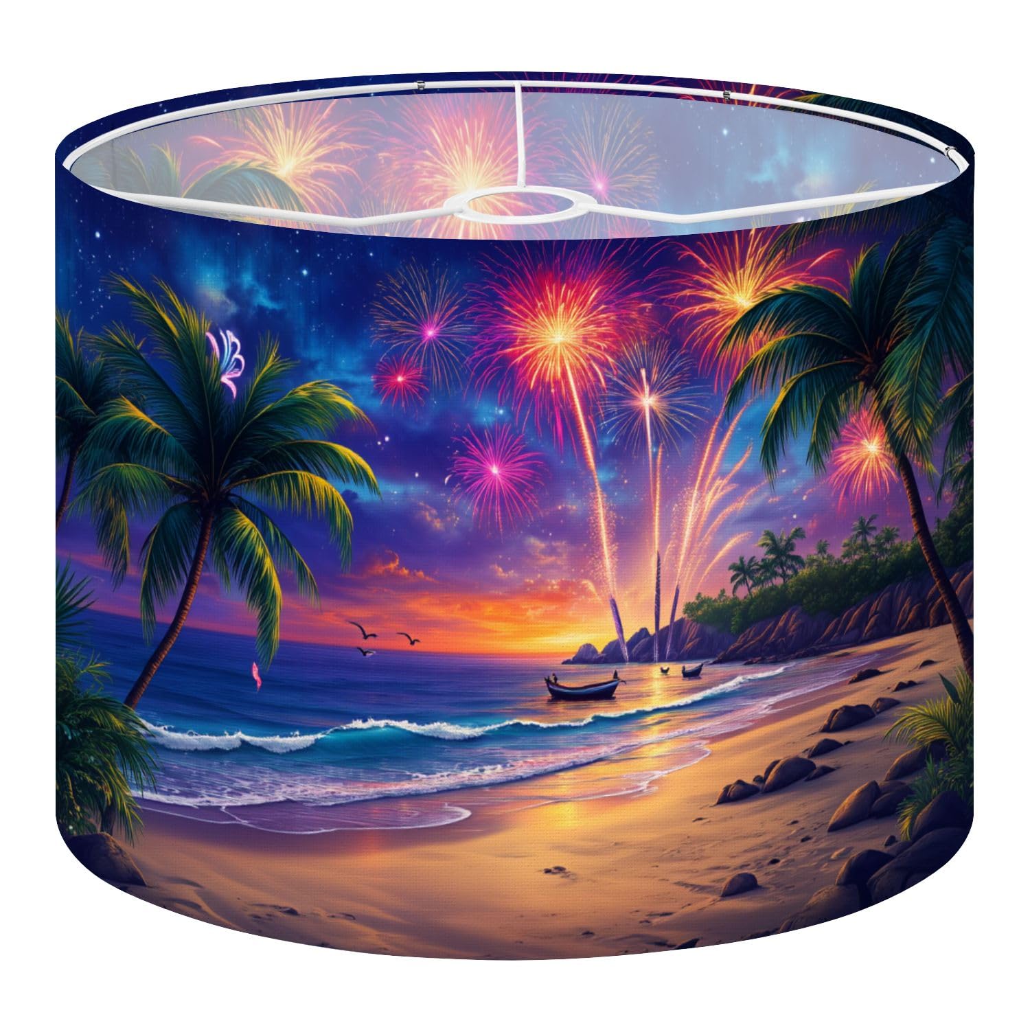 Drum Lamp Shade Large Lampshade Landscape Night Scene Sea Fireworks Beach Palm for Floor Lamps Table Lamps Pendant Light Linen Lampshades Replacement Bedside Light Shades