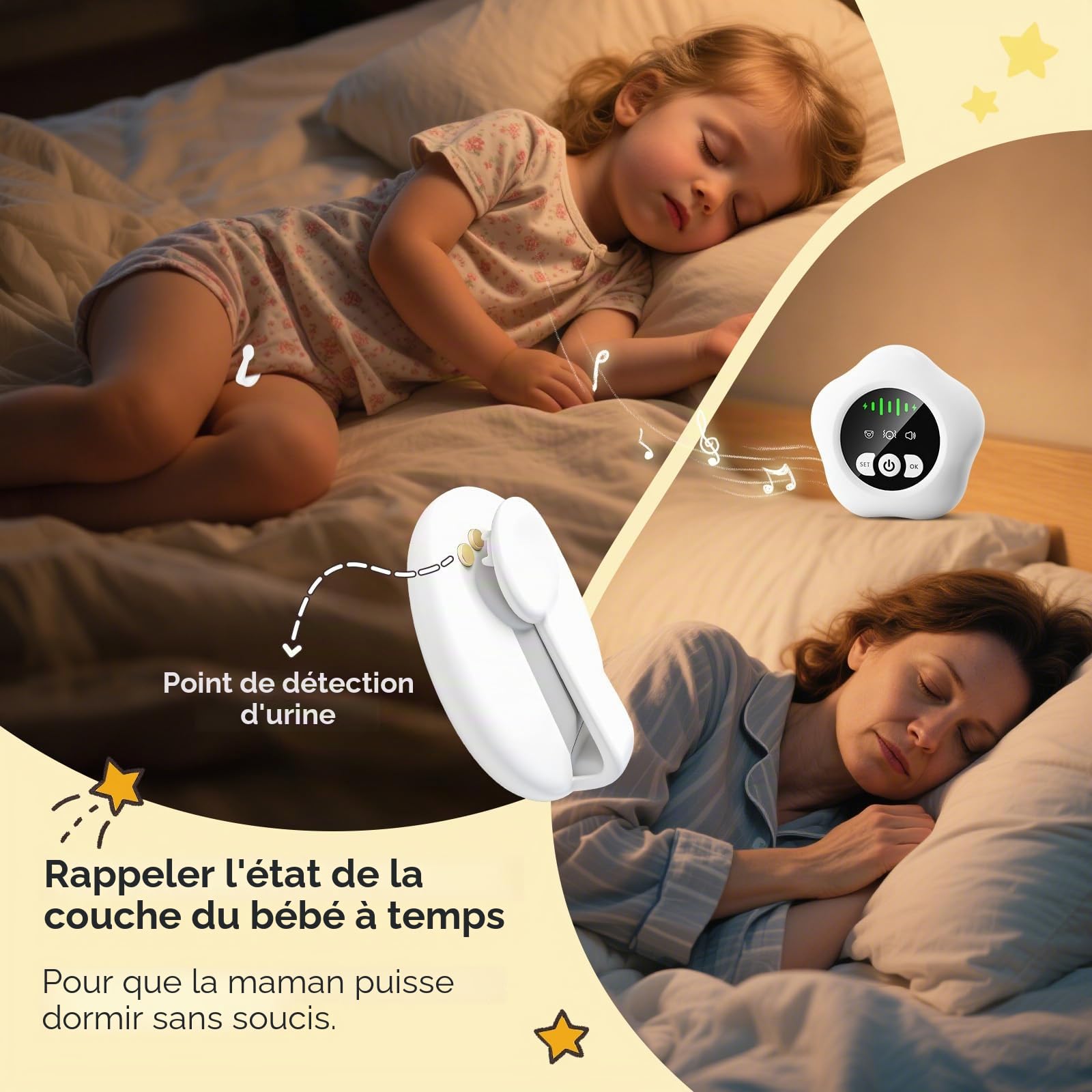 Alarme d'énurésie sans Fil, Rechargeable par USB, Apprentissage de la propreté avec Son et Vibrations pour Enfants et Adultes, livré avec capteur d'humidité d'énurésie Nocturne