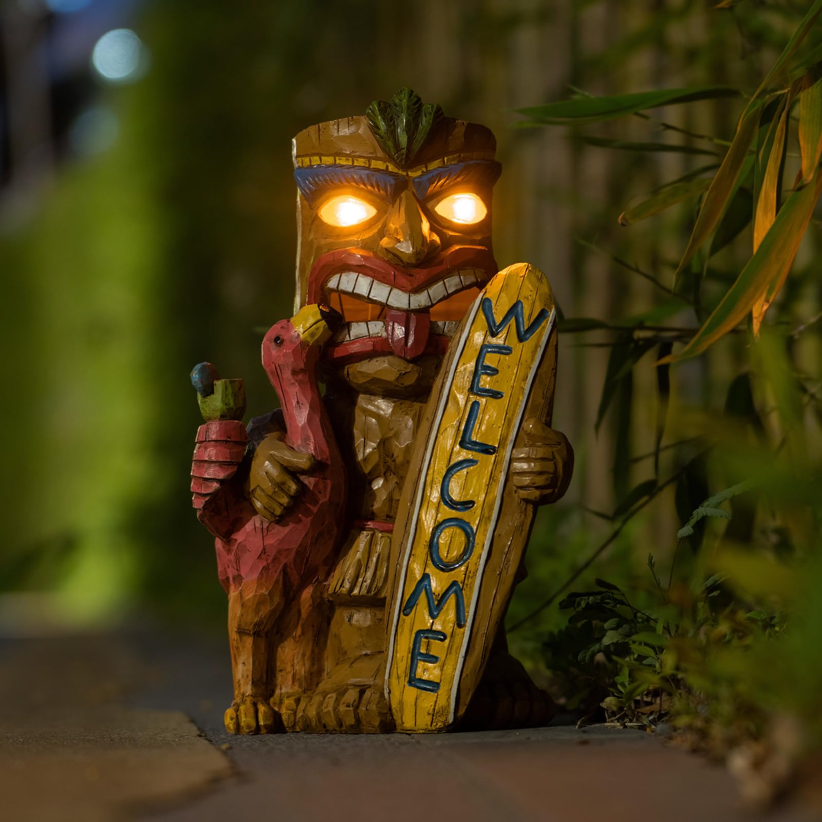 Solar Tiki Gartenstatue Outdoor Dekor mit Flamingo Wasserdichtes Willkommensschild für Tiki Bar, Terrasse, Balkon, Hof, Rasen, Haustürdekorationen, Gartengeschenk für Tiki-Mann
