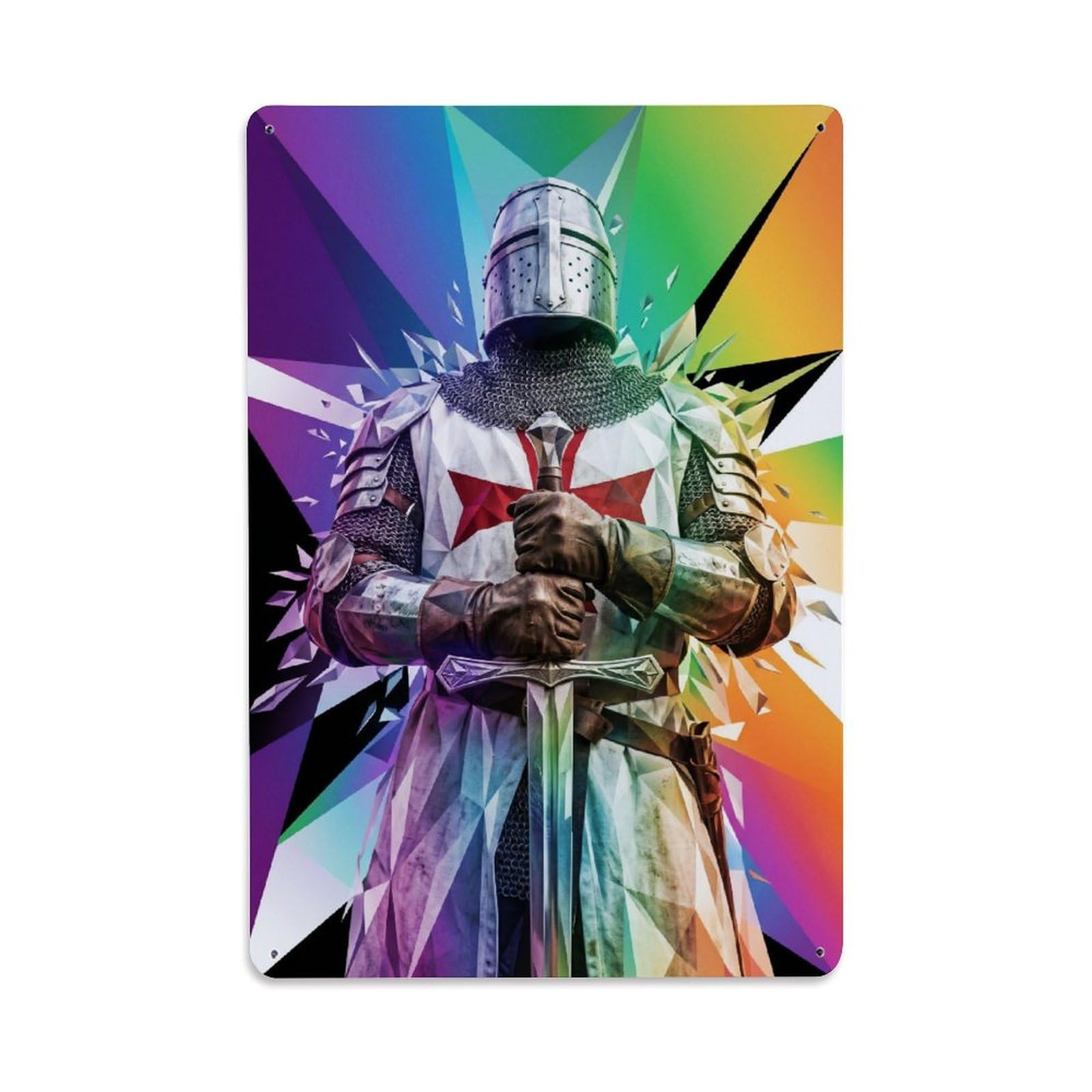 Olhnbad Style Standing Guard Templar Knight Medieval Armour Prismatic Metal Tin Sign