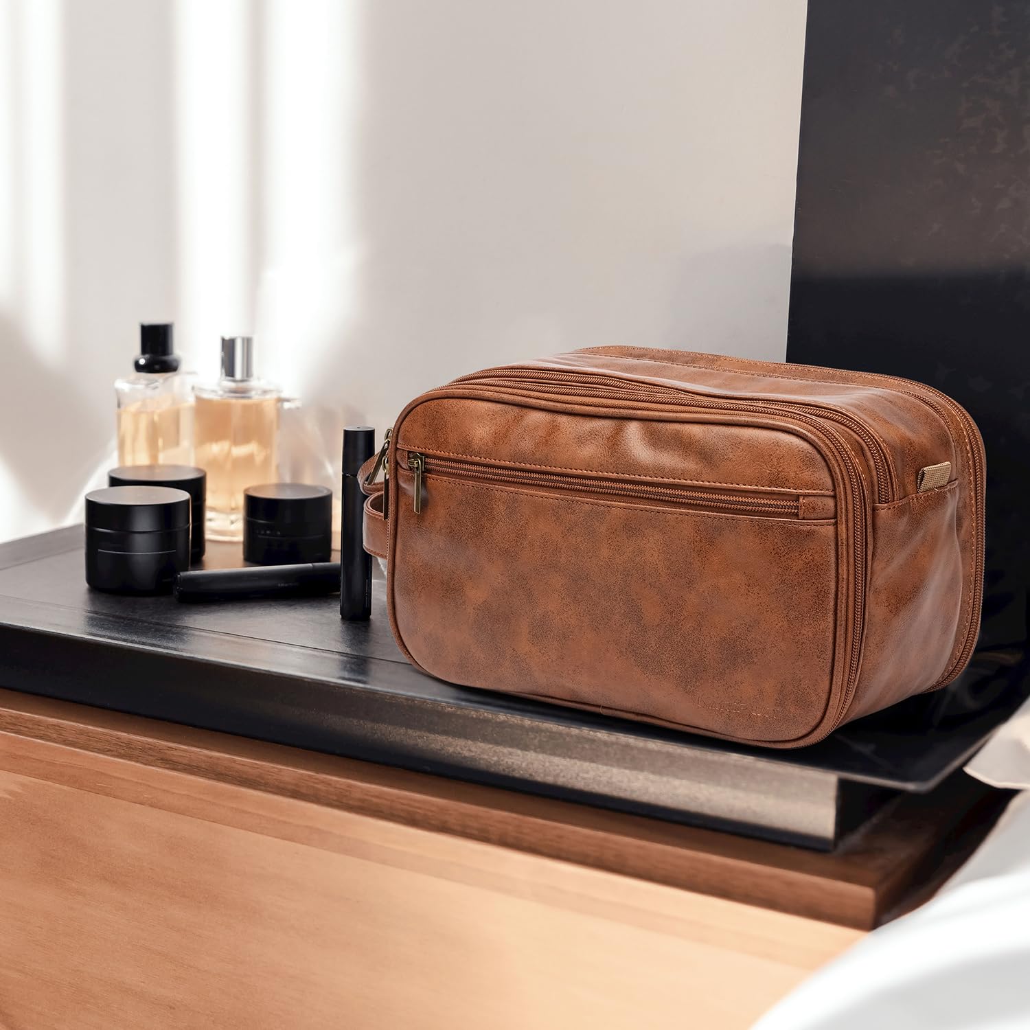 Laripwit Beauty Case Uomo da Viaggio Set da 2 Pezzi Impermeabile in PU Borsa da Toilette Trousse con Maniglia Laterale per Palestra e Lavoro Wash Bag Unisex