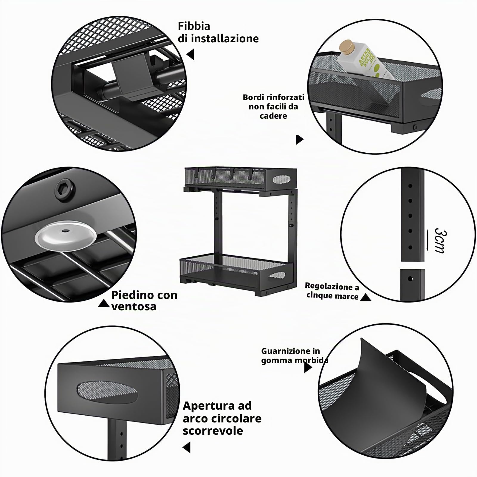 Organizer Sottolavello Cucina, Portaoggetti Organizzatore Ripiano Salvaspazio in Metallo a 2 Livelli，Utilizzato Universalmente in Cucine e Bagno, Regolabile in Altezza - Nero (1 Pezzo)
