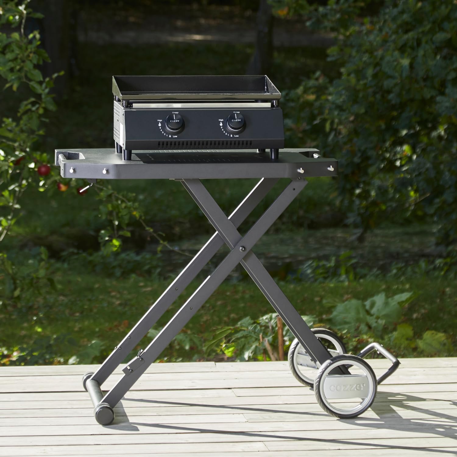 cozze® Outdoor Beistelltisch mit Rollen, Schwarz | Praktischer Tisch Außen Klappbar | Handlicher Garten Grill beistellwagen | Rollbarer Grillwagen Outdoor