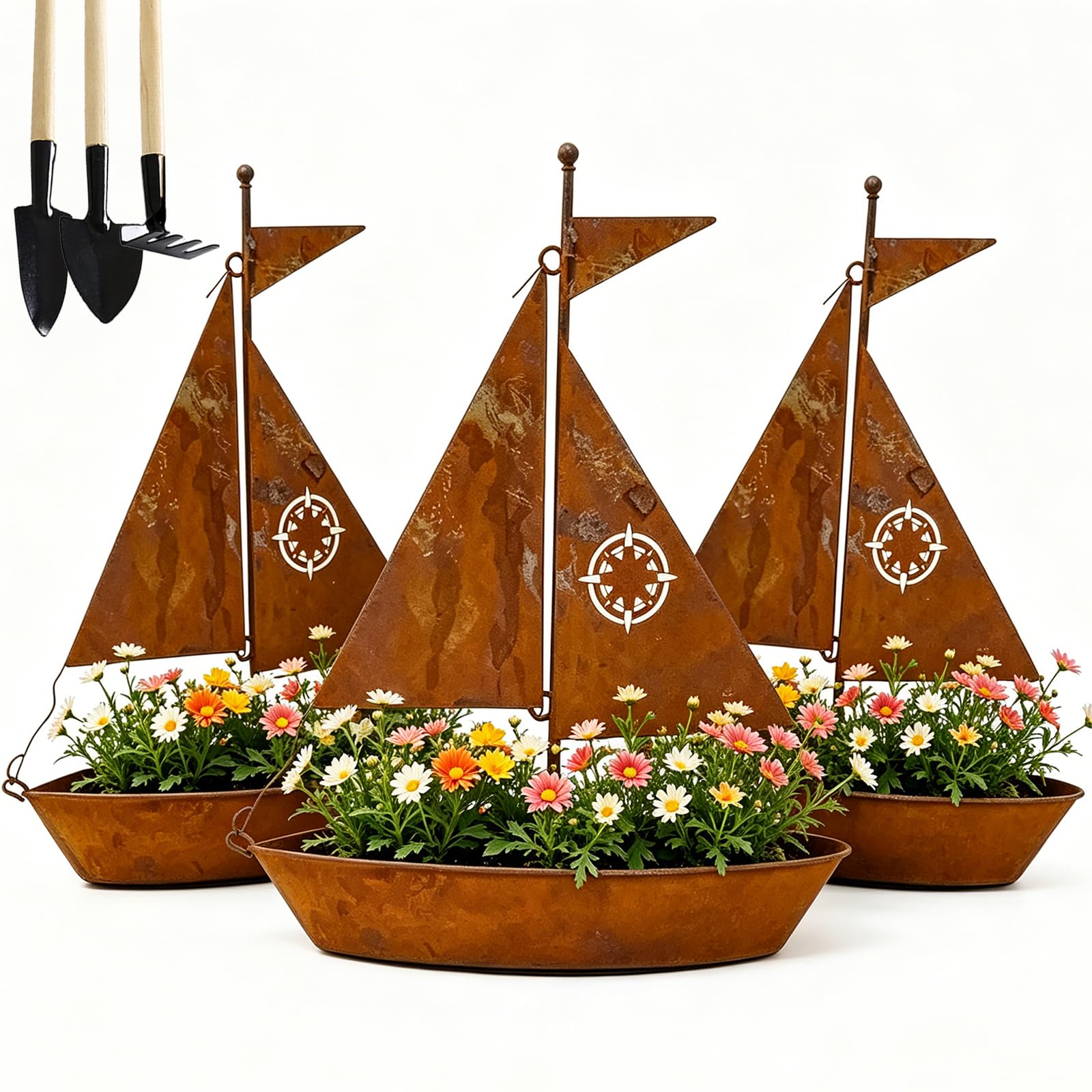 LLELEMAMO Rustic Sailboat Metal Planter, Handcrafted Weather Resistant Iron Boat Planter for Succulents Herbs, Vintage Nautical Flower Pot Design for Garden Patio Decor, 3D Sculpture for Shelf (3Pcs)