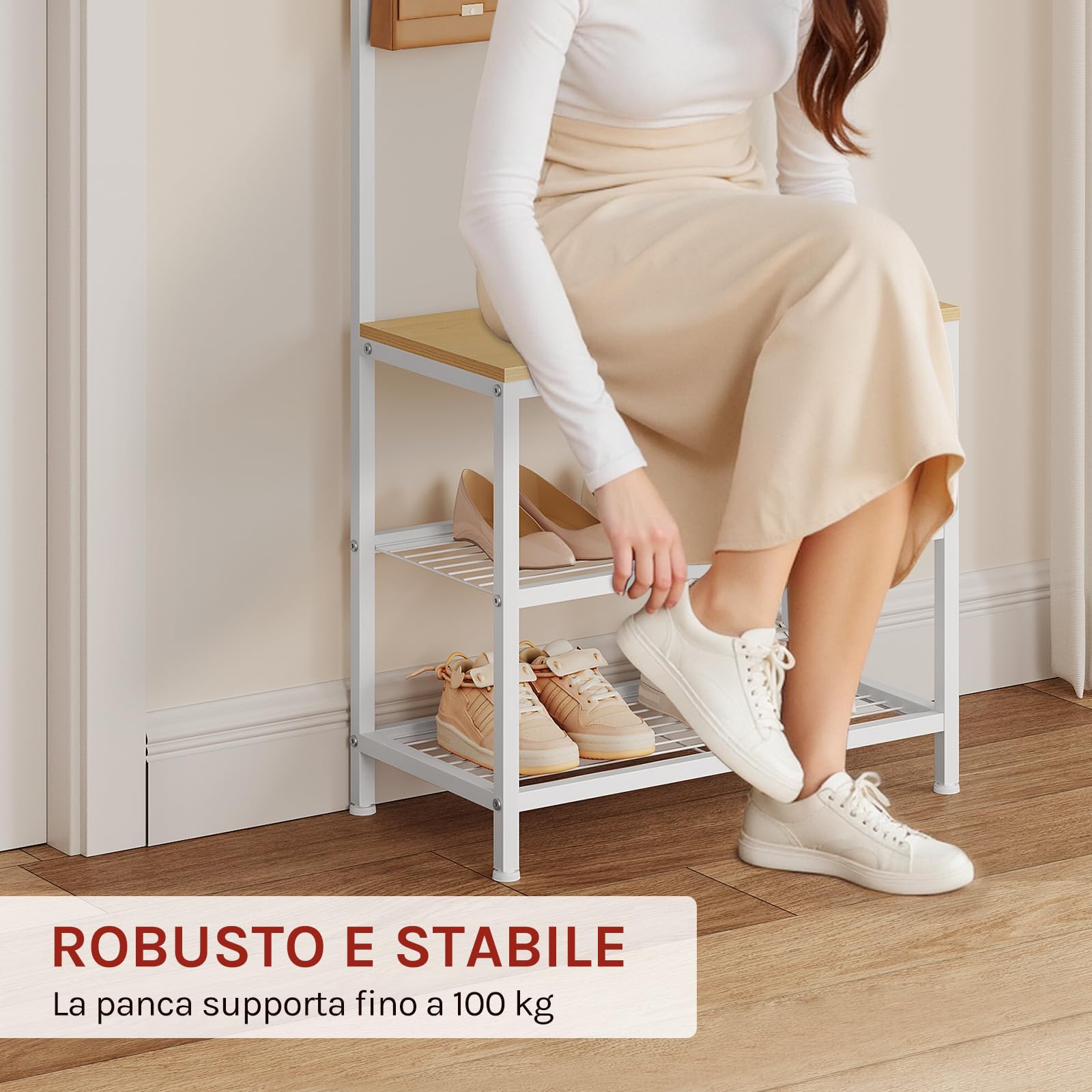 WOLTU Appendiabiti Panca Porta Scarpe 3 in 1, Scaffale per Scarpe a 2 Livelli con Sedile e 7 Ganci, per Corridoio/Ingresso, Metallo + Legno Ingegnerizzato, Bianco + Rovere Chiaro, 60x31,5x170cm