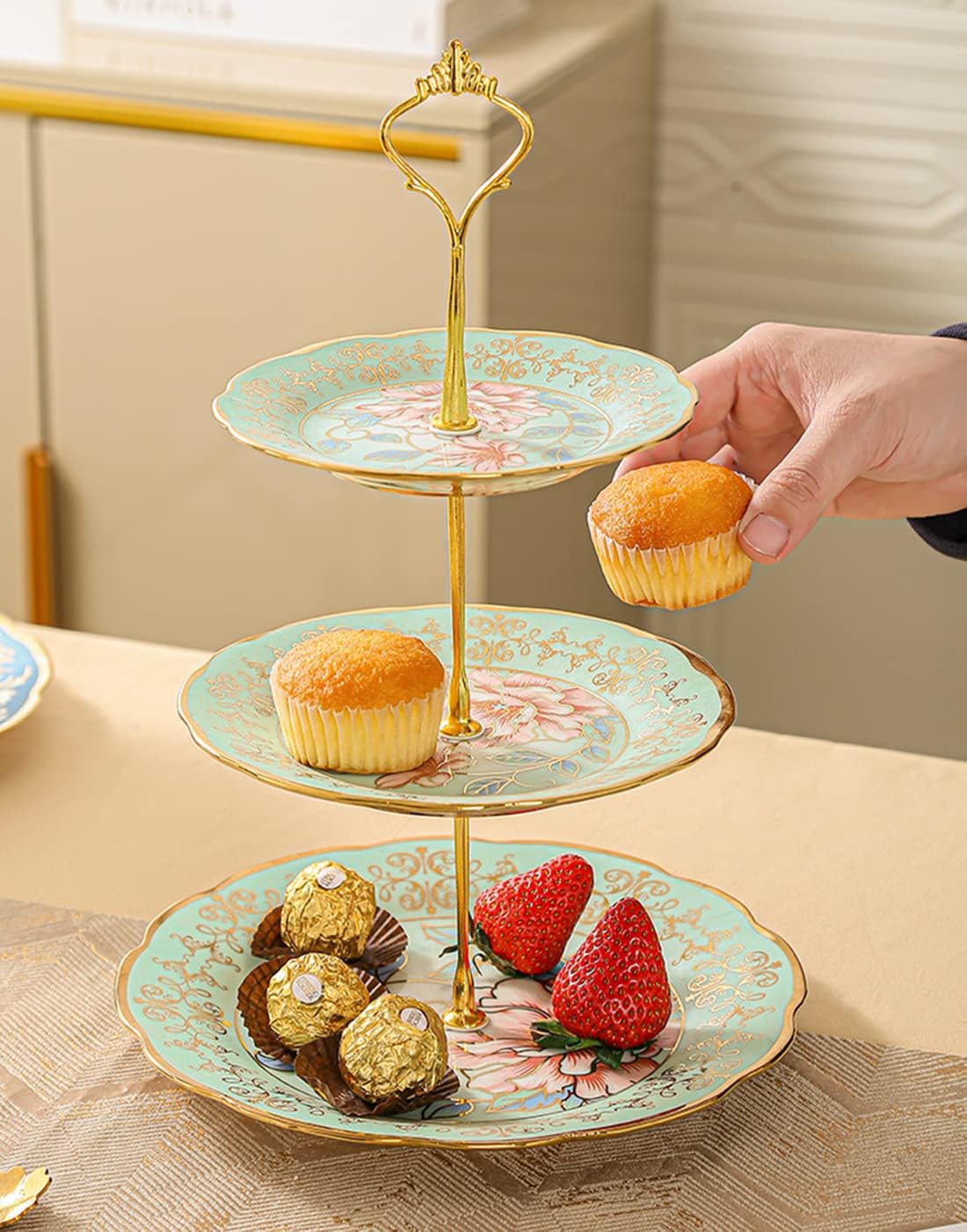 3 Tier Ceramic Vintage Cake Stand with Beautiful Classic Rose Pattern, Food Rack for Displaying Cake Platter (Green)